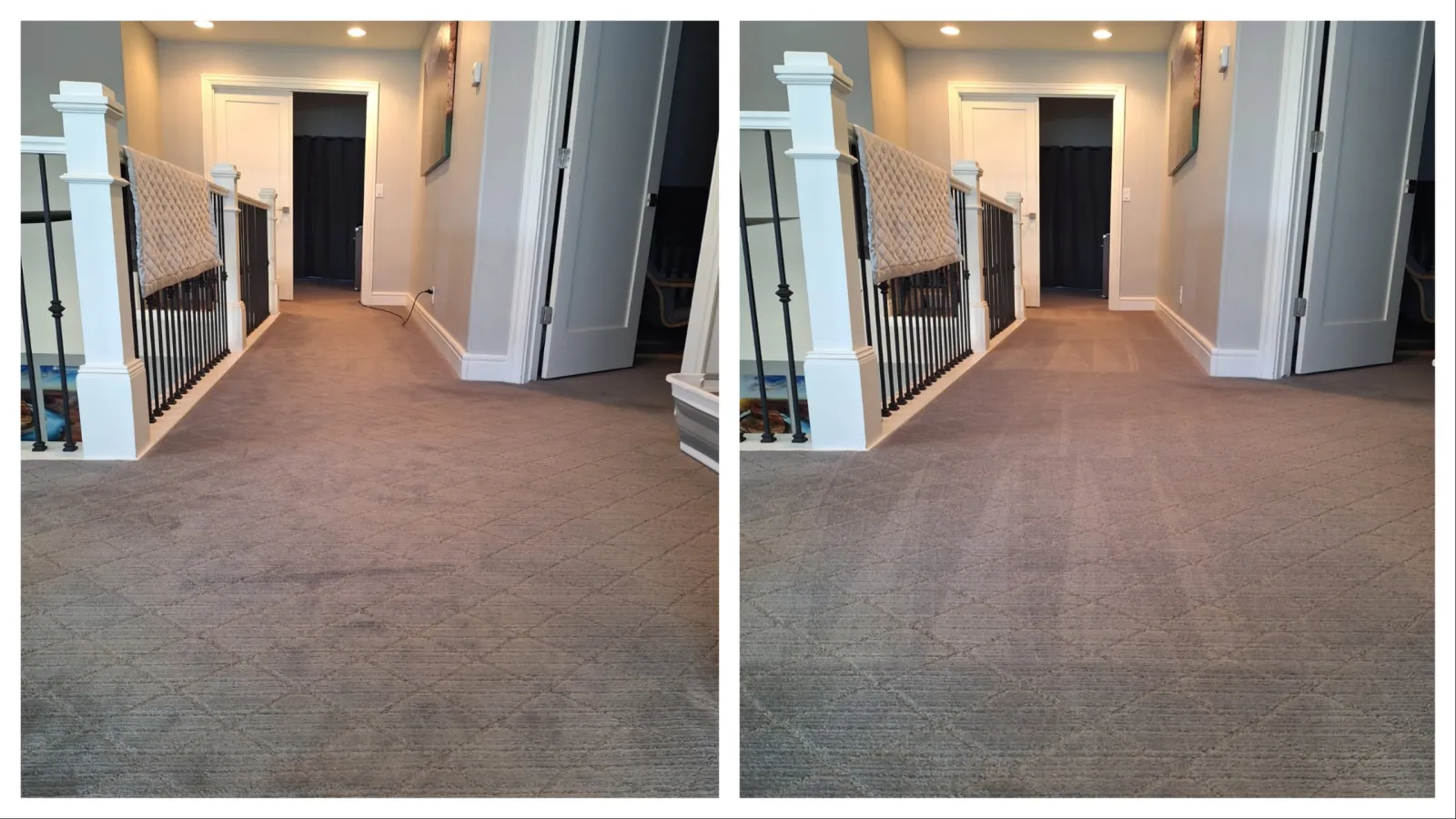 Before and after cleaning of a carpeted hallway, cleaned by the PROs at MaidPro