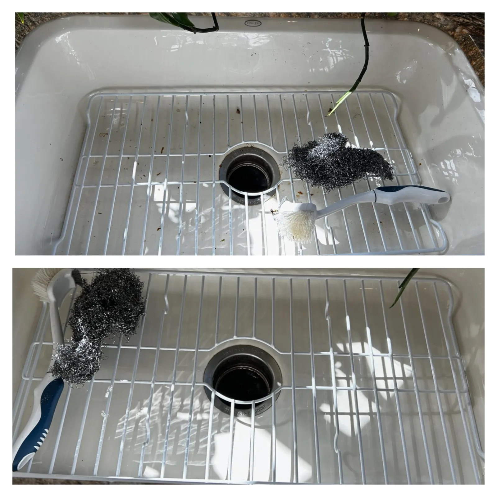 Two kitchen sinks with metal grids, scrub brushes, and steel wool pads, showing before and after cleaning stages.