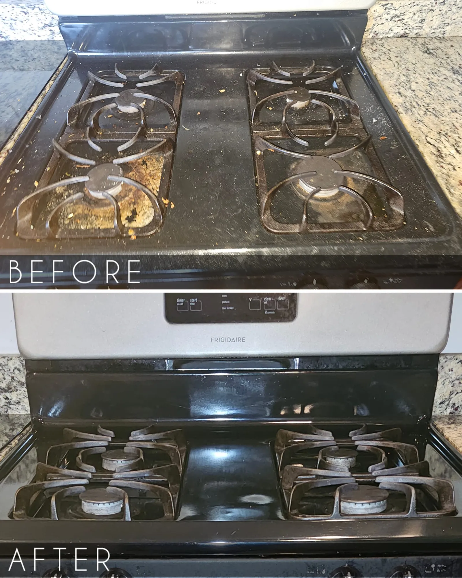 Before and after images of a gas stove showing a dirty stove cleaned by MaidPro Chicago