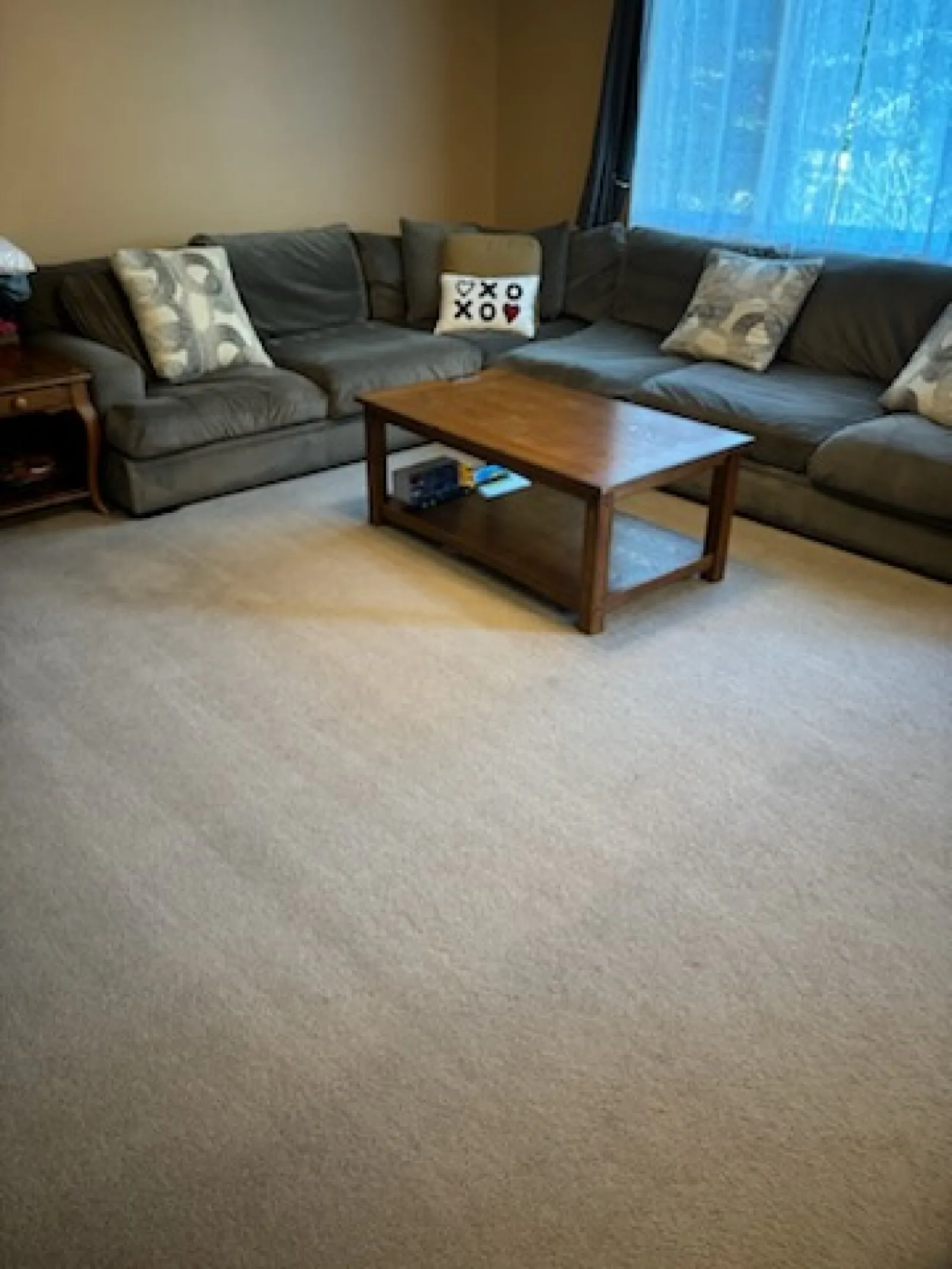 a living room with a couch and coffee table