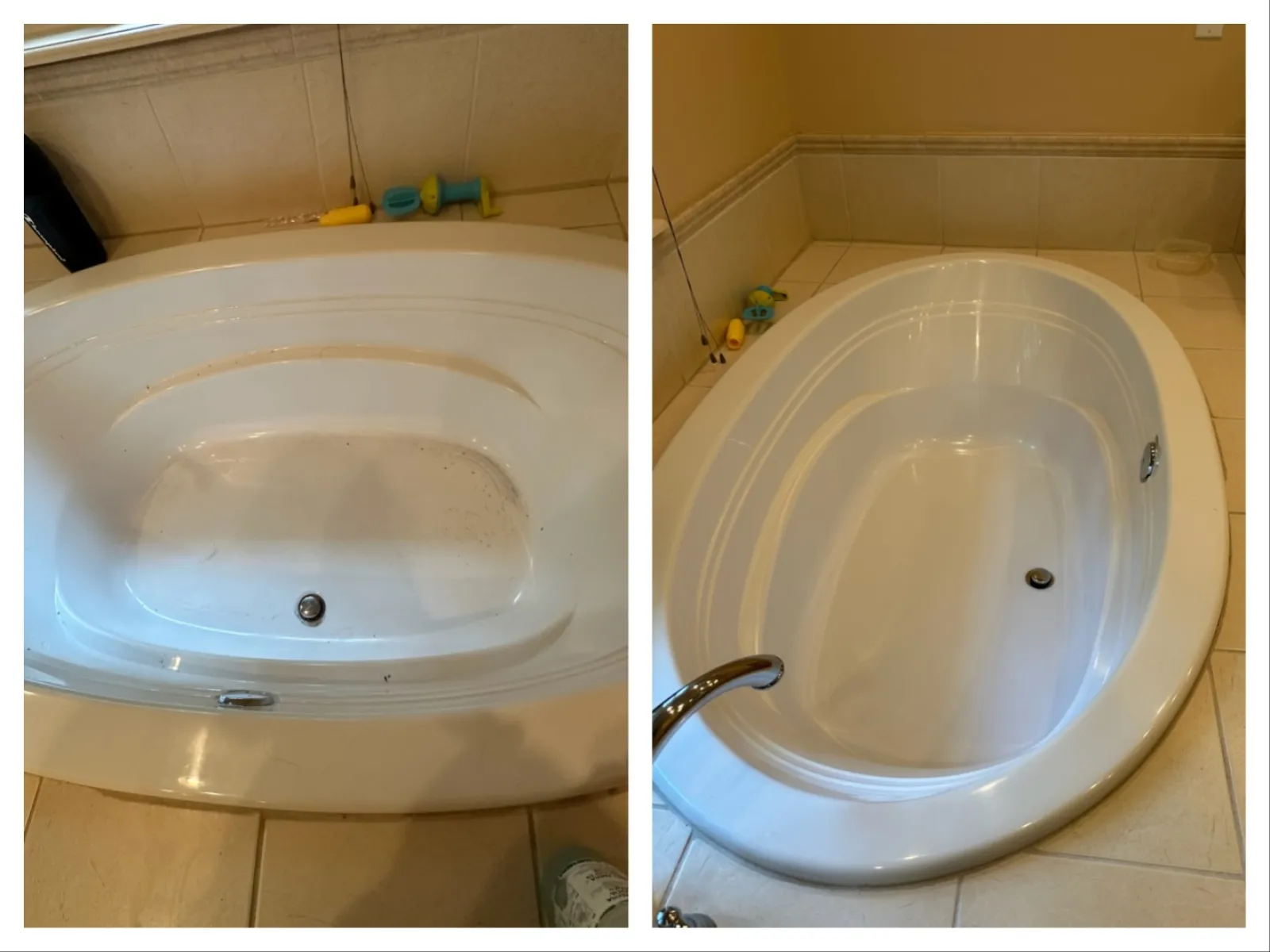 Side-by-side comparison of a dirty bathtub before and clean bathtub after deep cleaning in a bathroom.