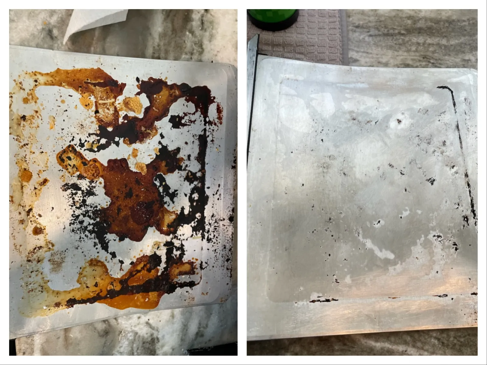 Side-by-side comparison of a dirty, burnt baking tray and the same tray cleaned with some residue remaining.