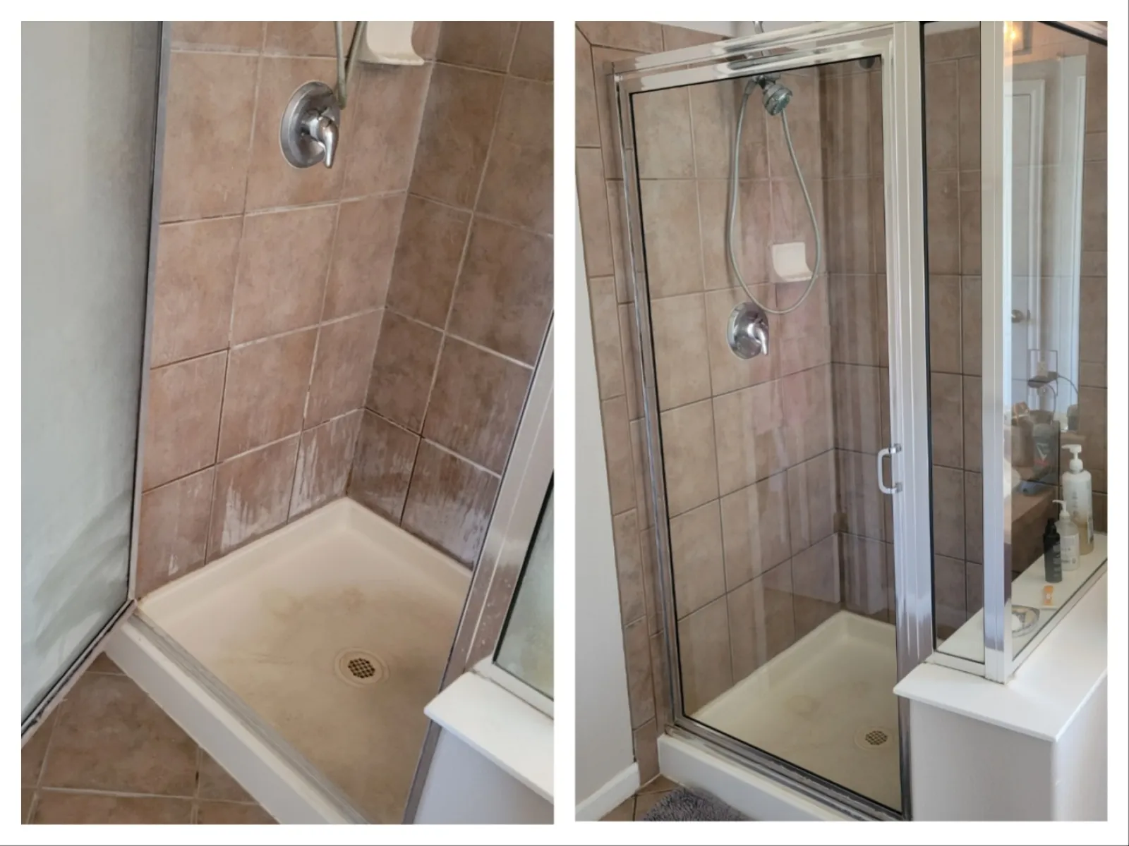 Comparison of shower stall before and after cleaning, showing tiled walls, showerhead, and glass door.