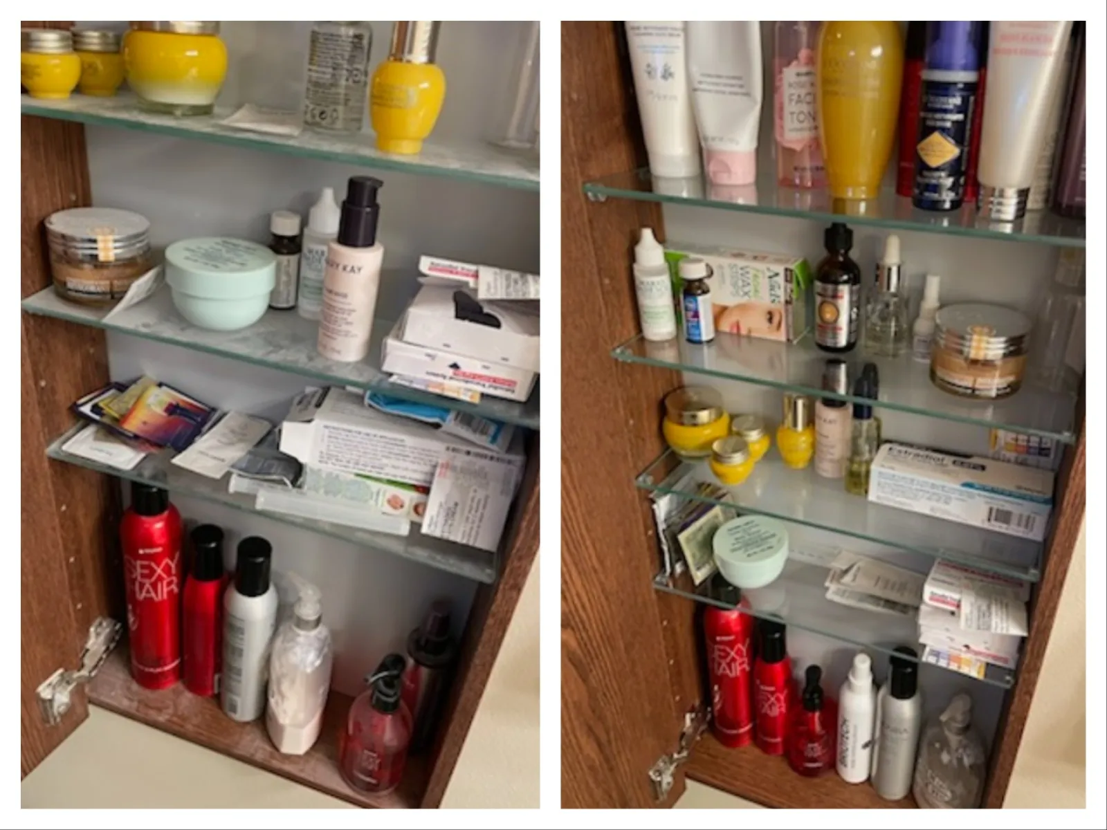 Open wooden cabinet with glass shelves filled with skincare, haircare products, and medication boxes.