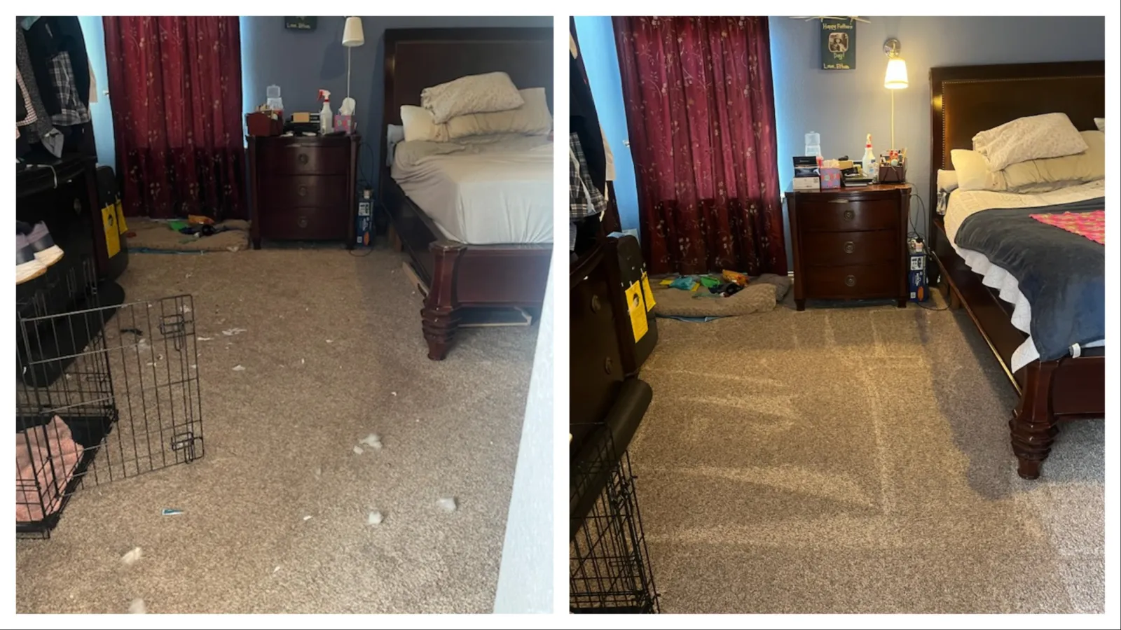 Before and after photos of a cleaned bedroom showing a tidy and organized space.