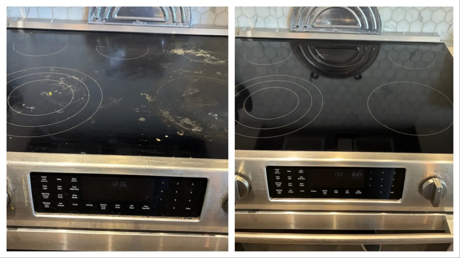 before and after MaidPro Denver cleaning a dirty stovetop kitchen appliance