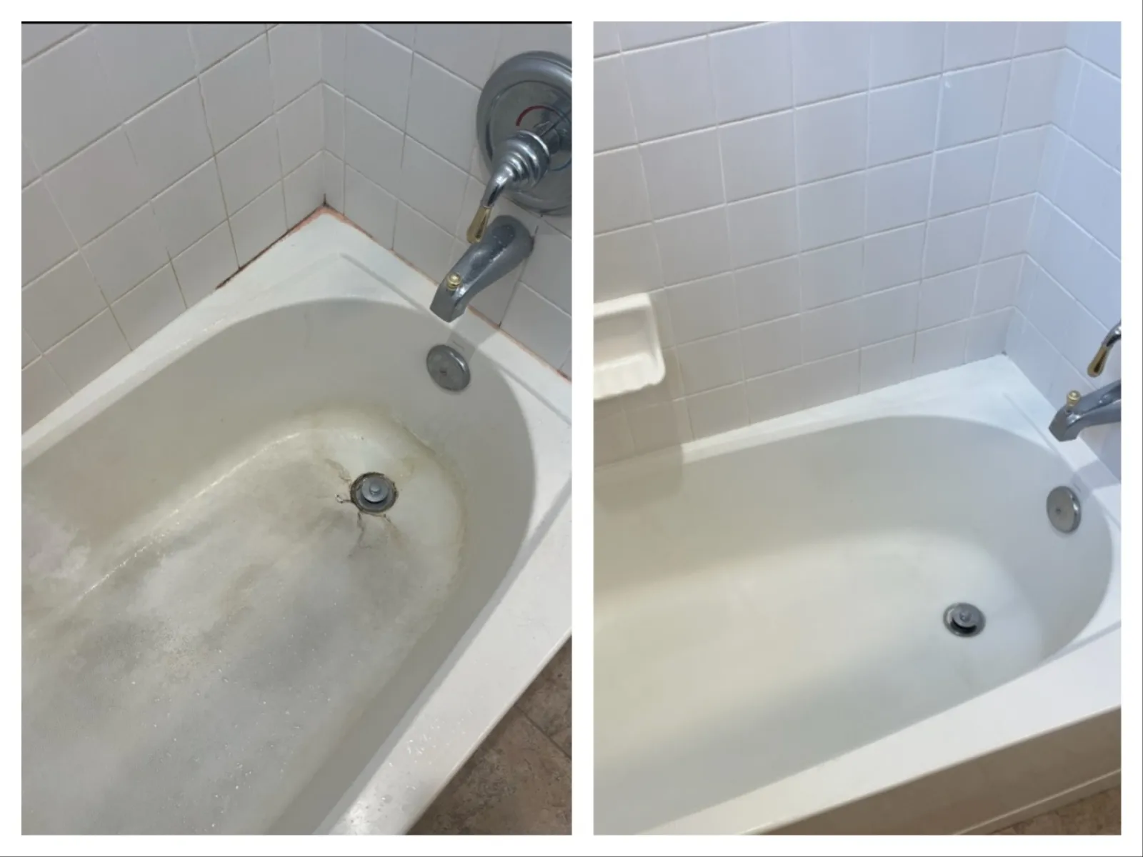 Side-by-side comparison of a bathtub before and after deep cleaning showing removal of stains and grime.