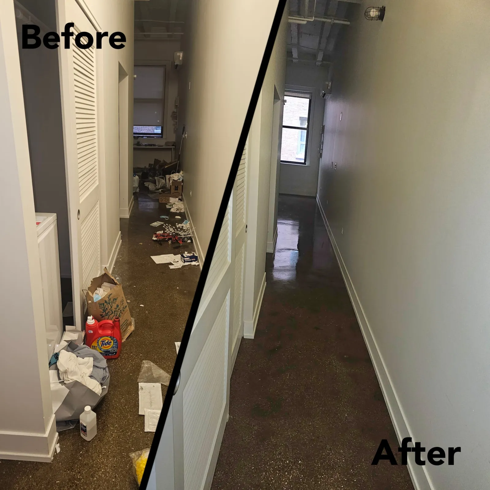 Hallway before and after cleaning with clutter and trash removed by MaidPro Chicago Downtown