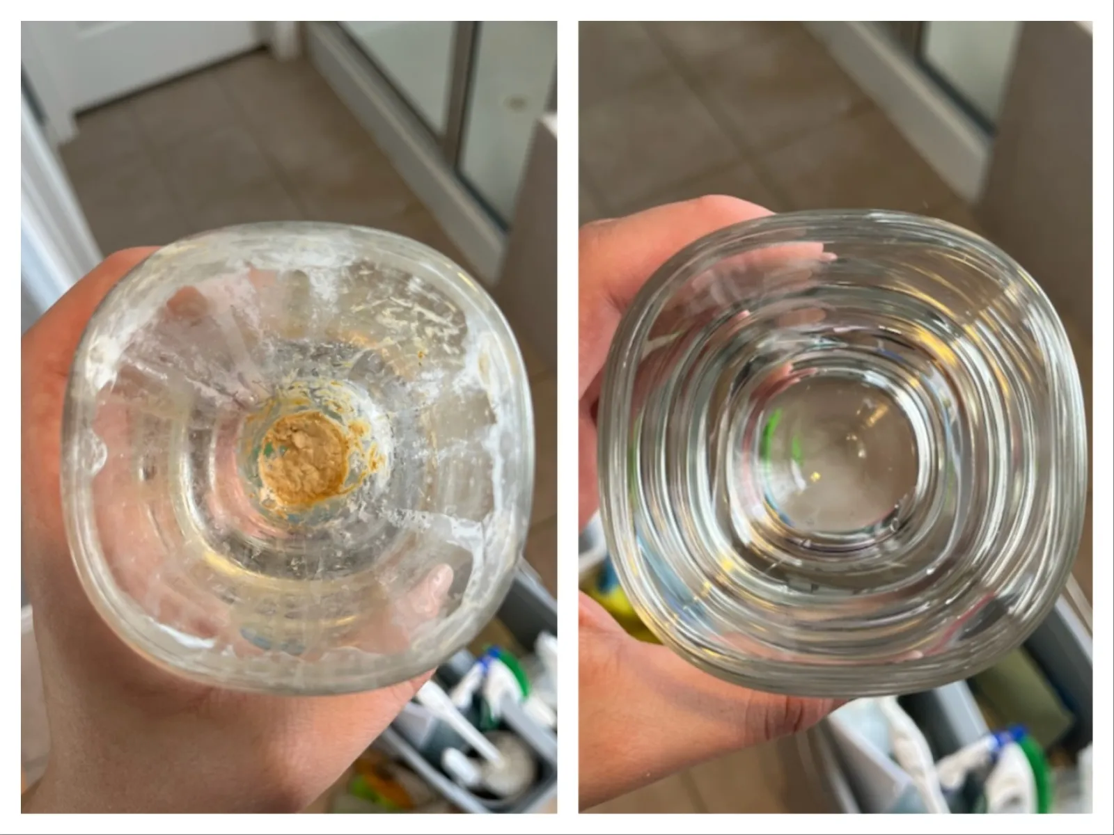 Comparison of the bottom of two glass cups, one with mineral buildup and one clean and clear by MaidPro