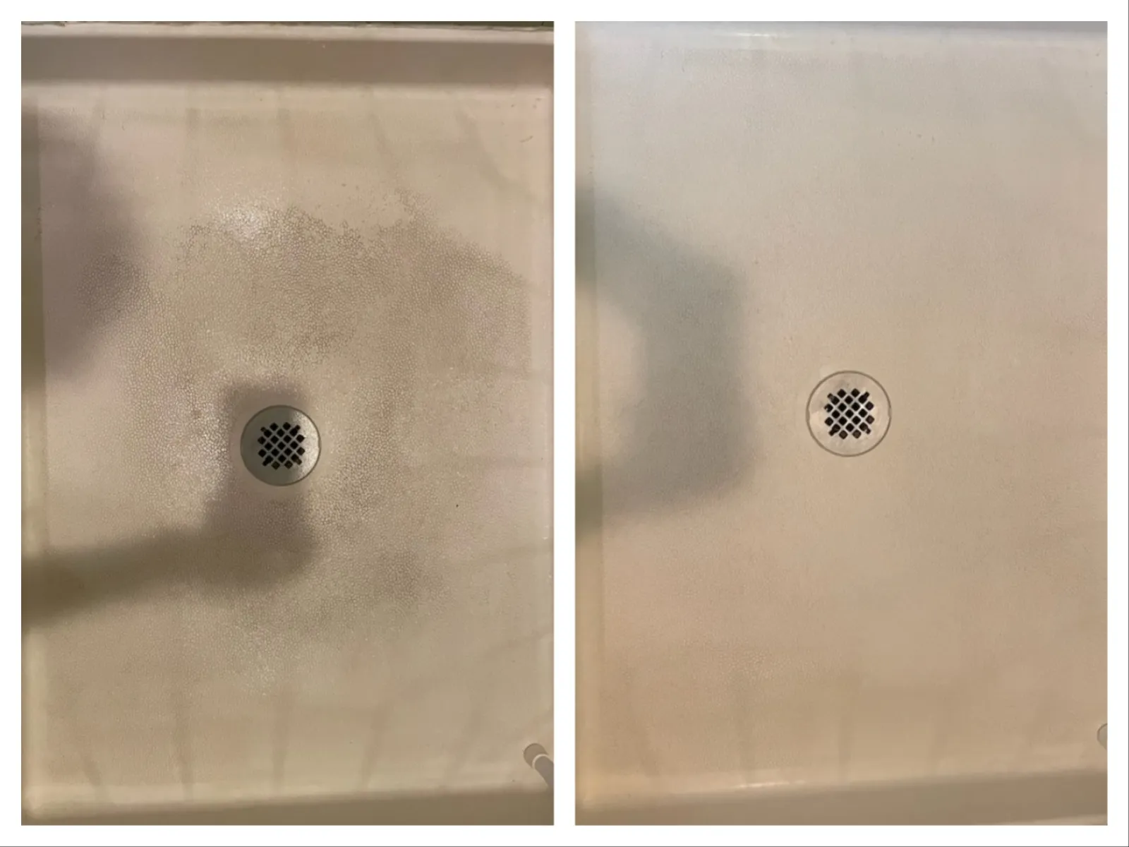 Side-by-side comparison of a dirty shower floor with stains and the same floor cleaned to a spotless condition.