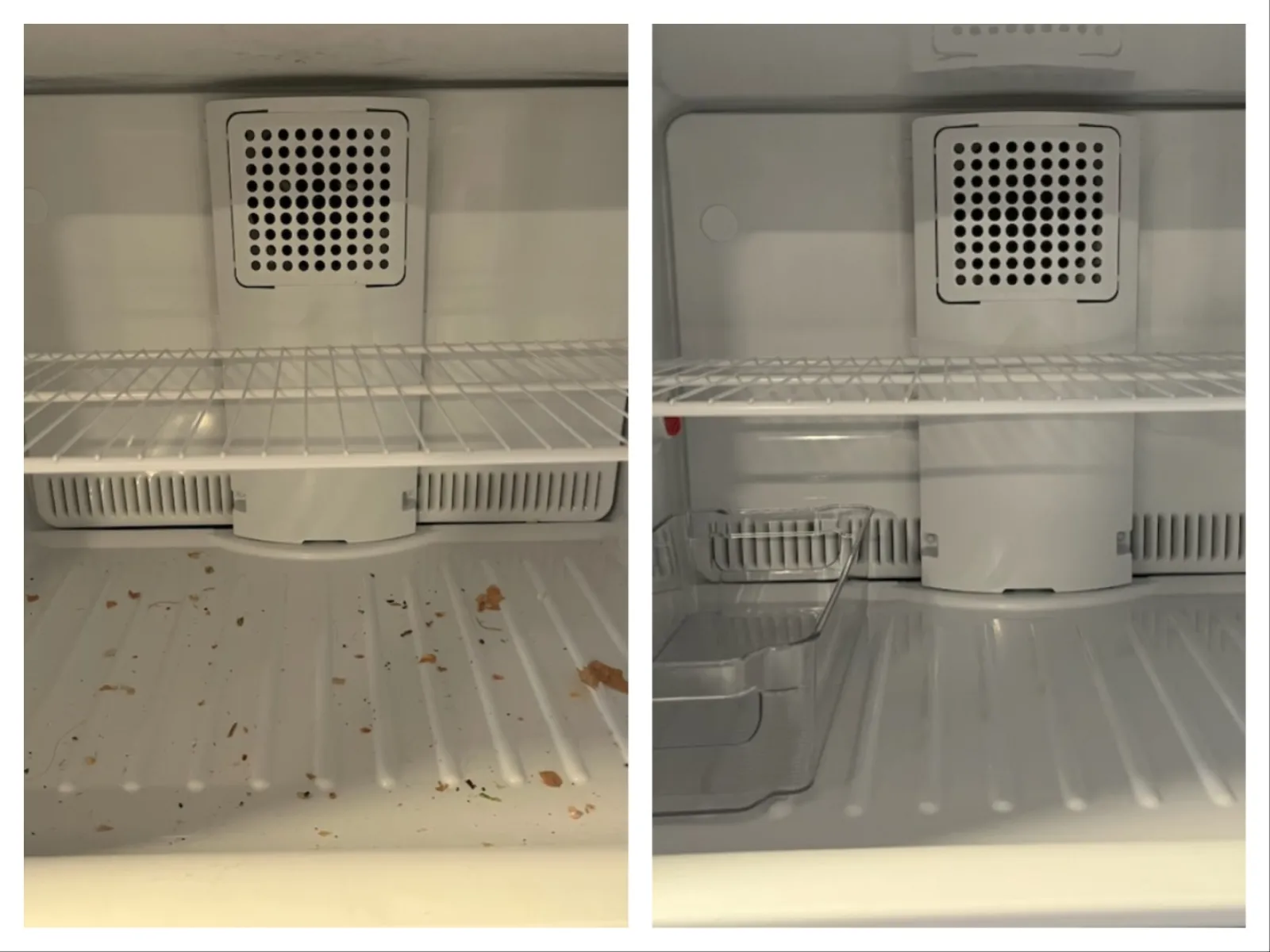 Side-by-side comparison of an empty refrigerator shelf before and after cleaning, showing dirt removal.