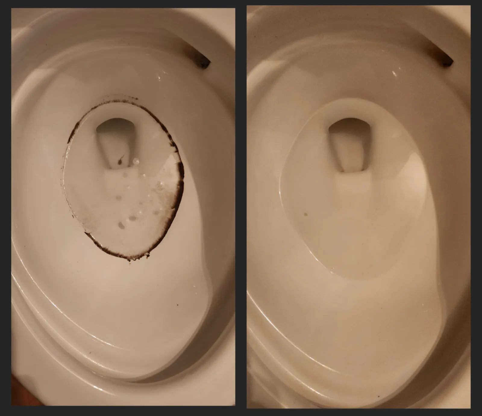 Side-by-side comparison of a toilet bowl before and after deep cleaning removing dark stains and grime.