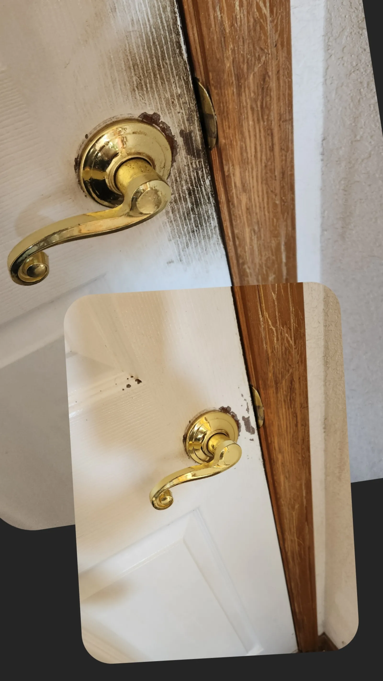 Before and after cleaning of a white door with brass handle and wooden frame showing removed dirt and stains.