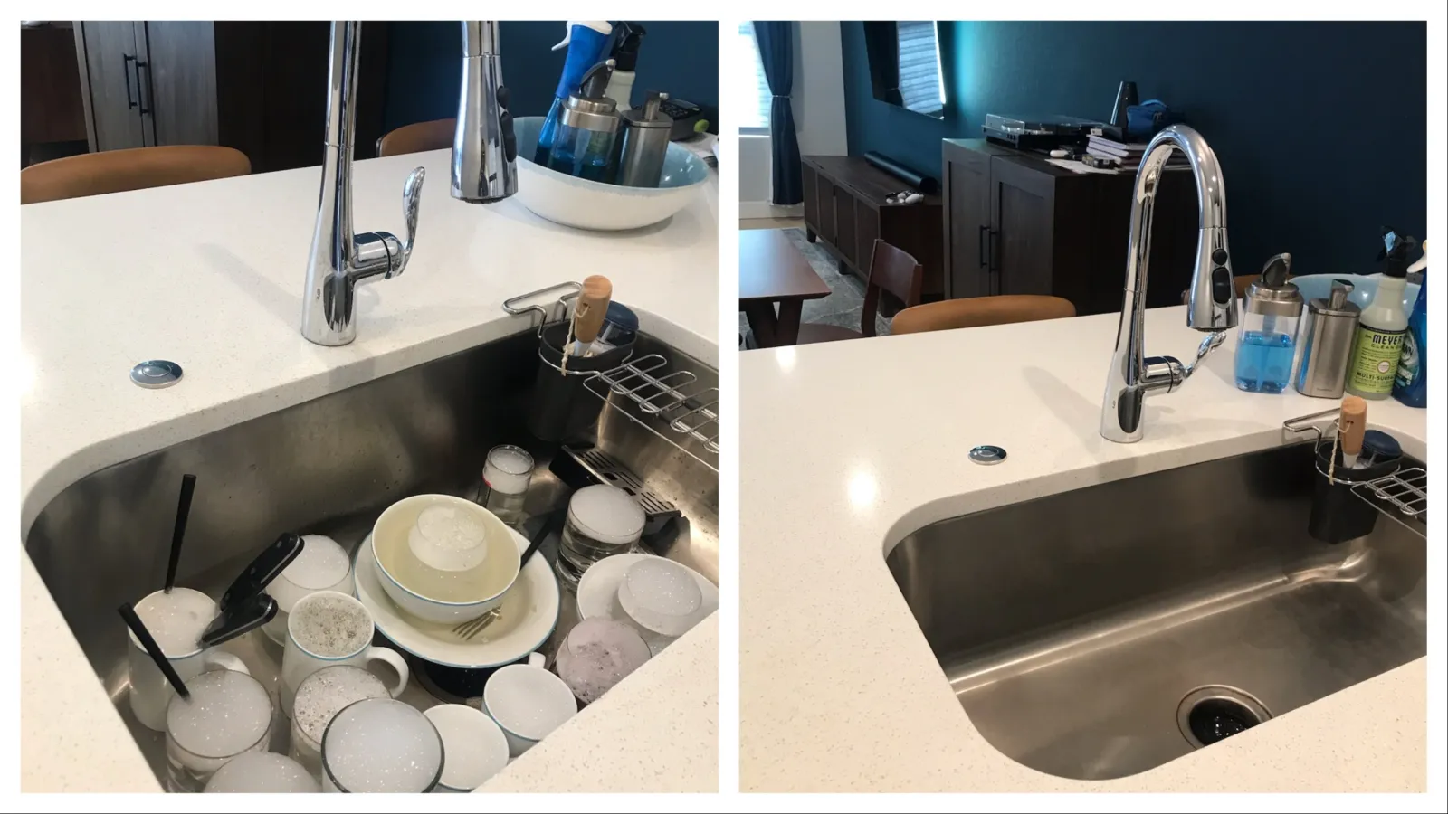 a kitchen sink with many dishes