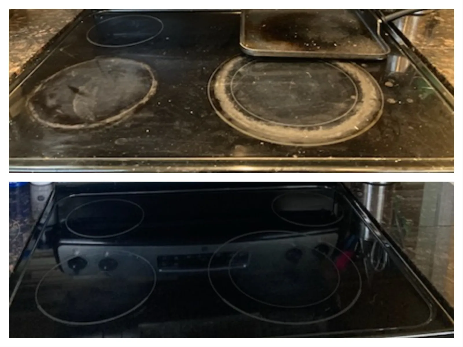 Before and after images of a glass stovetop showing heavy dirt and stains cleaned to a glossy finish.