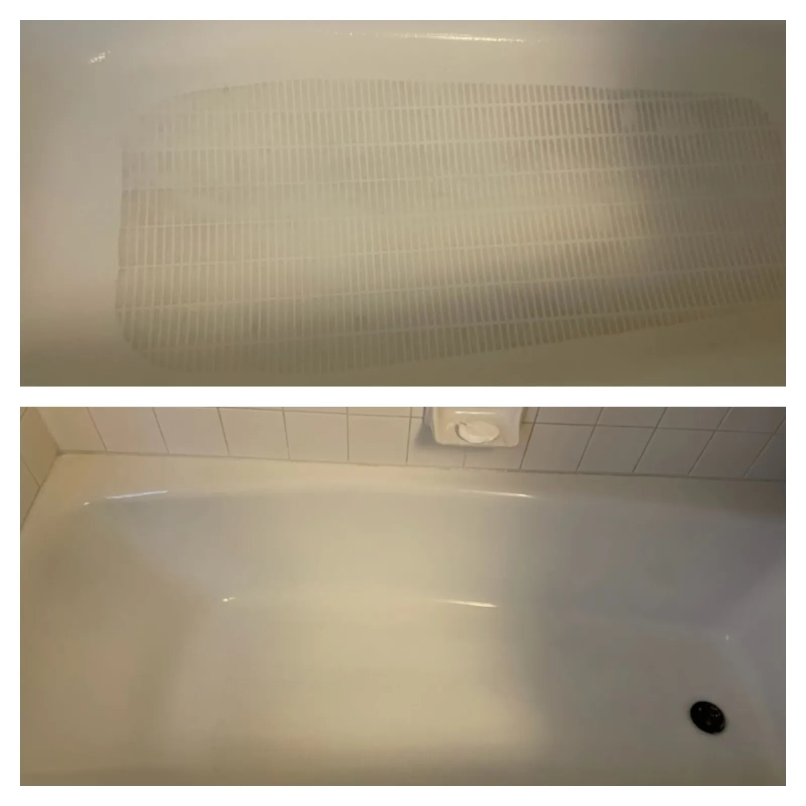 Before and after images showing the removal of bathtub grime MaidPro Littleton