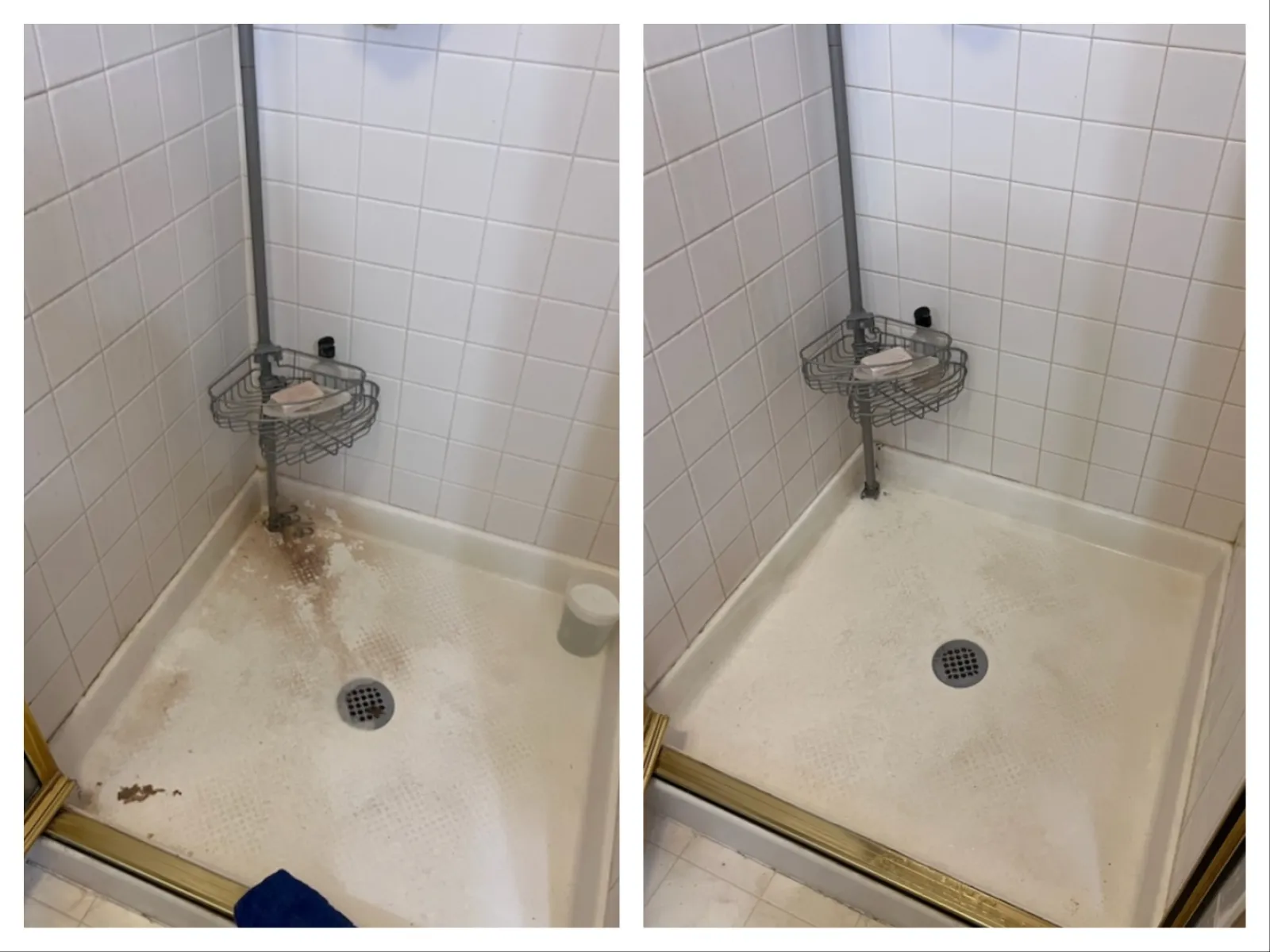 Side-by-side shower stall images showing before and after cleaning with removed dirt and grime on floor.