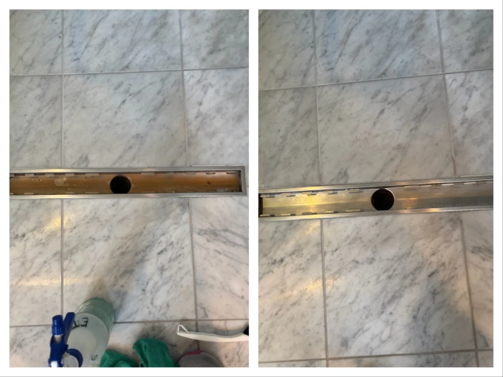 Side-by-side images of a marble floor drain installed with a black circular drain cover and cleaning supplies nearby.