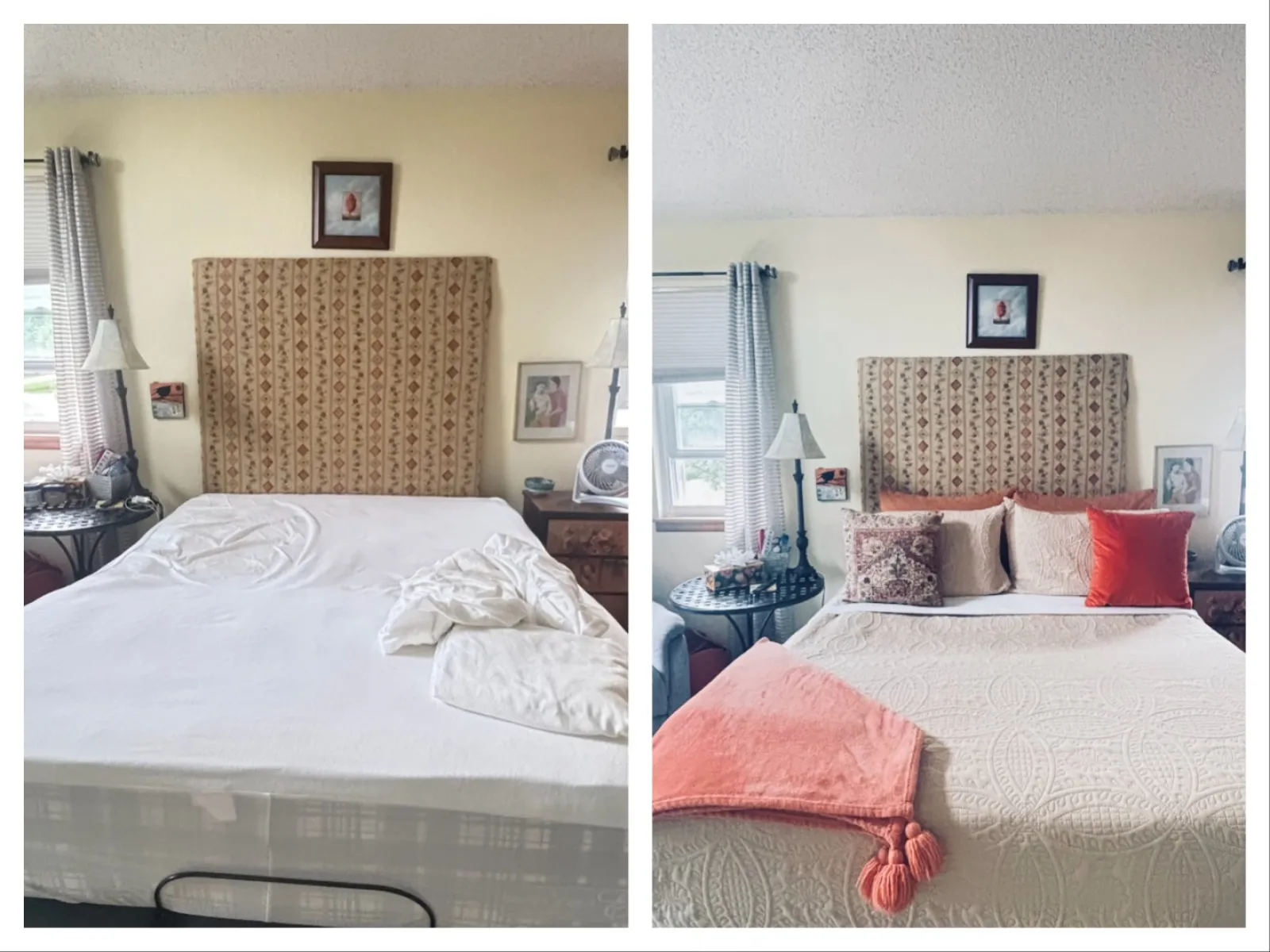 Before and after of a bedroom with a made bed featuring patterned headboard, pillows, and coral throw blanket.