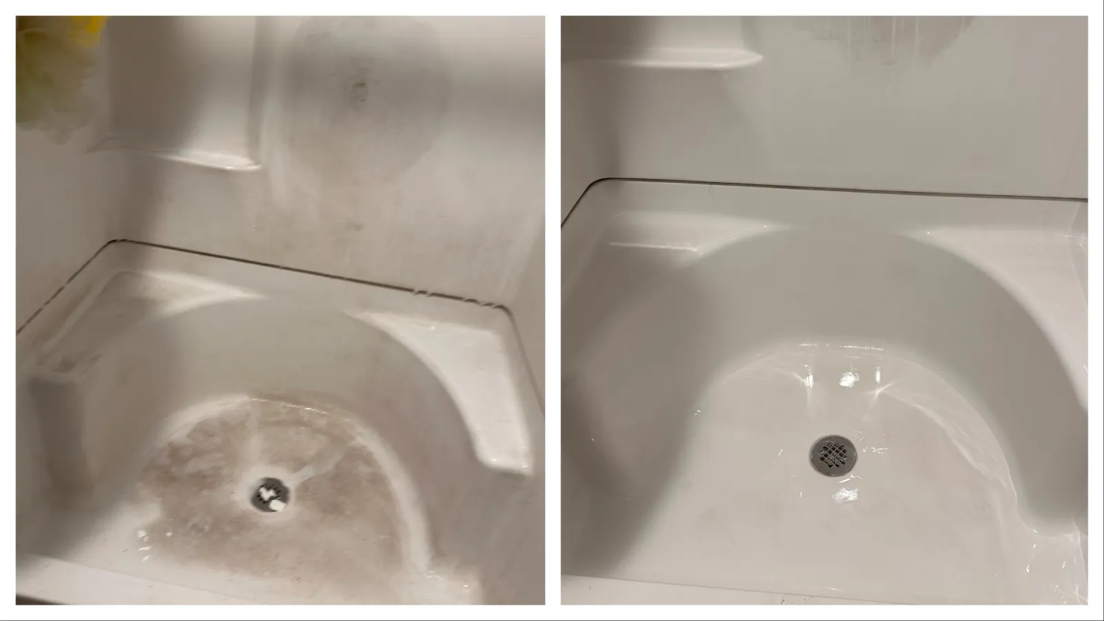 Before and after image of a clean shower basin after MaidPro