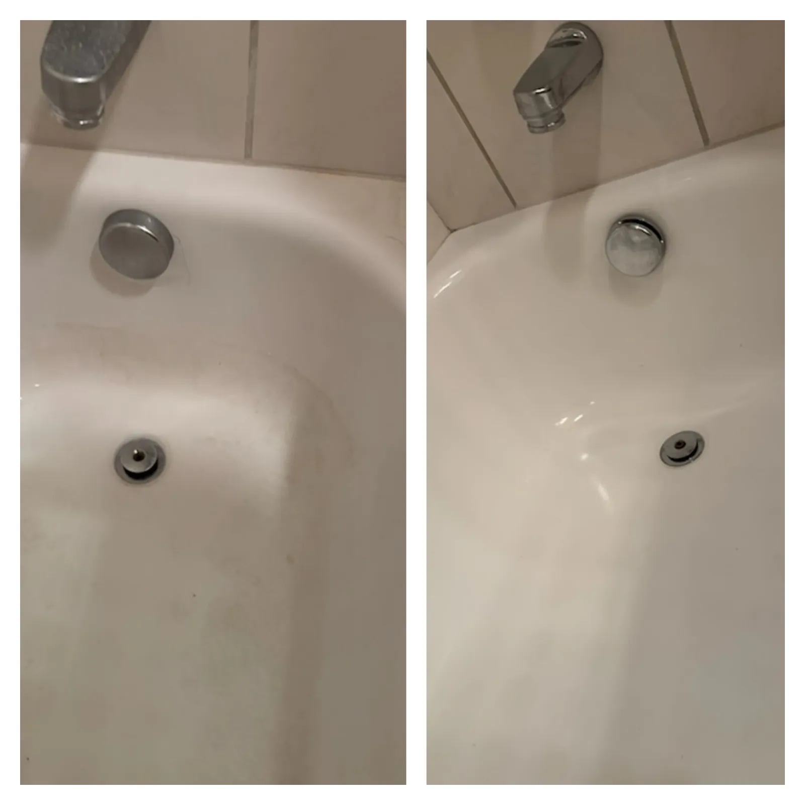 Side-by-side comparison of a bathtub before and after deep cleaning showing significant stain removal by MaidPro Denver