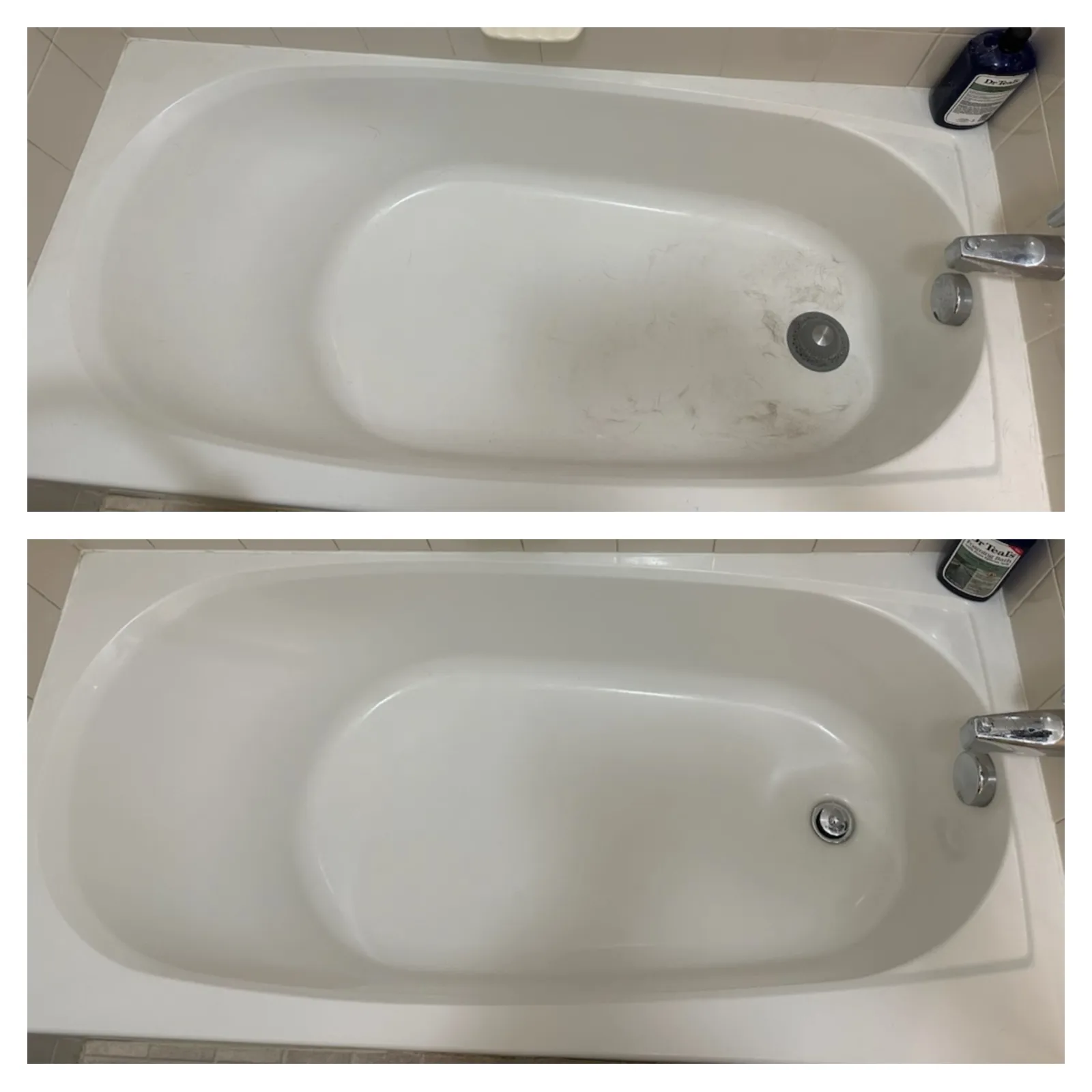 Before and after images of a bathtub showing dirt removal and thorough cleaning results.