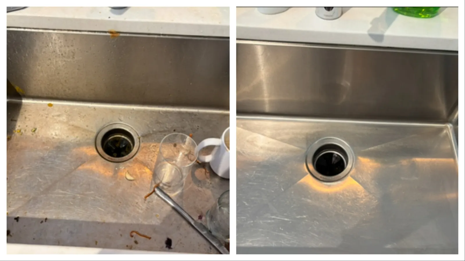 Before and after cleaning a kitchen sink and dirty dishes