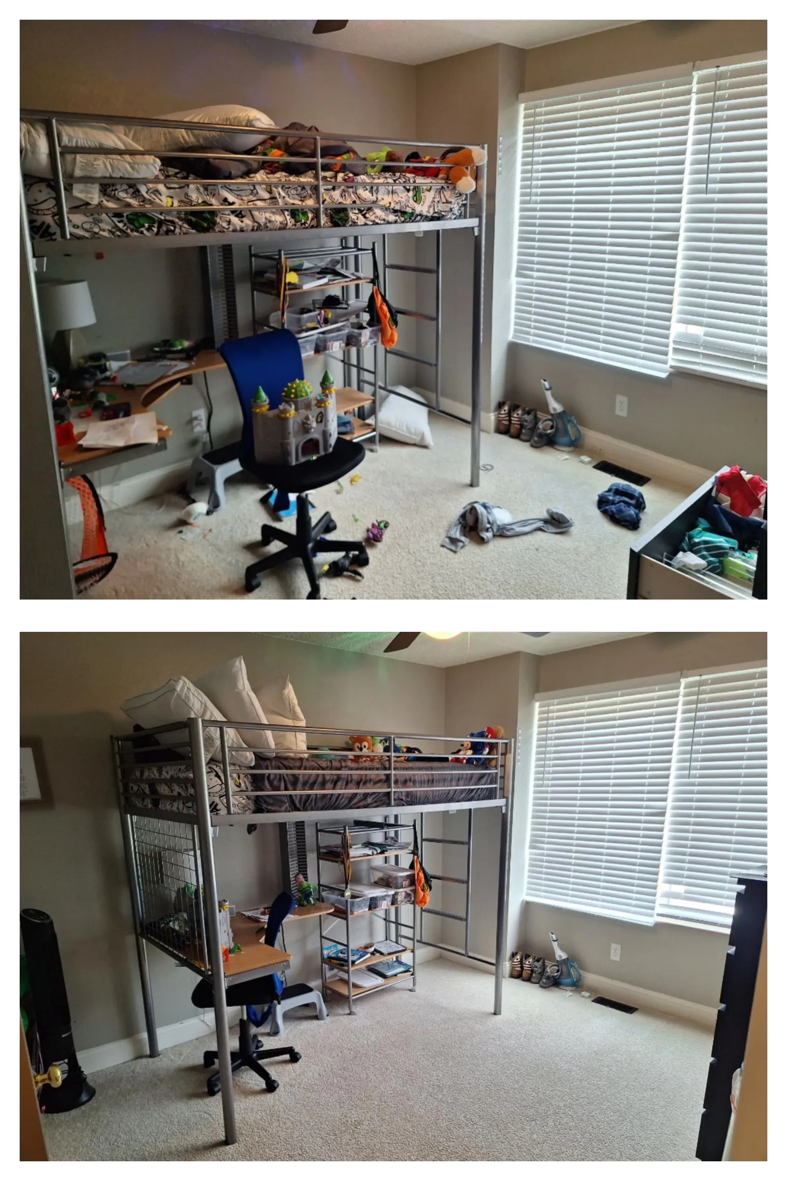 Before and after photos of a child bedroom with a loft bed, desk, and chair tidied and cleaned up.