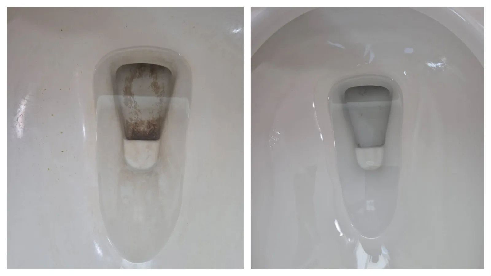Side-by-side comparison of dirty and clean urinals displaying cleaning done by MaidPro Littleton