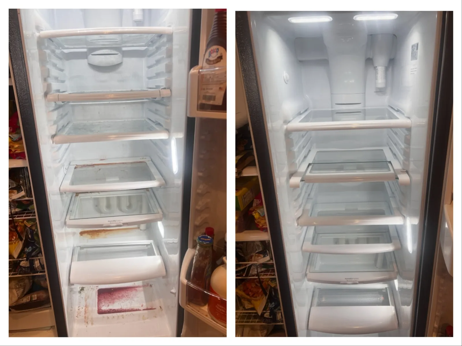 Side-by-side comparison of a dirty and clean empty refrigerator interior with glass shelves and door compartments cleaned by the pros at MaidPro