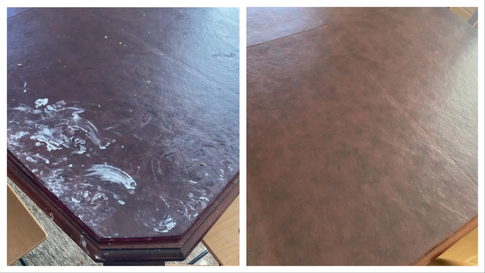 Before and after cleaning comparison of a glossy table surface showing significant improvement.