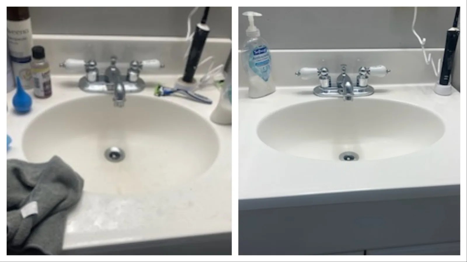 before and after images of a bathroom sink from a house cleaning service done by MaidPro Denver 