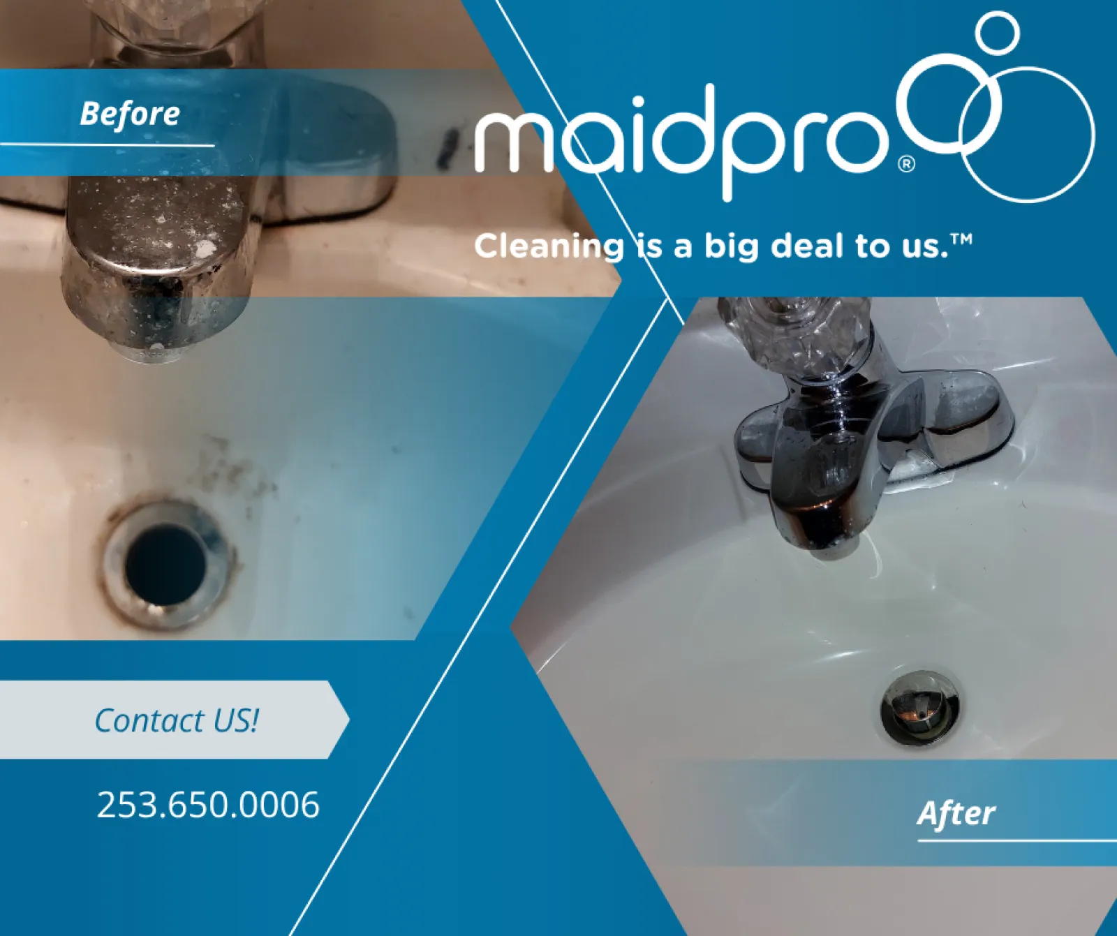 Before and after images of a cleaned sink faucet and basin showing MaidPro cleaning service results.