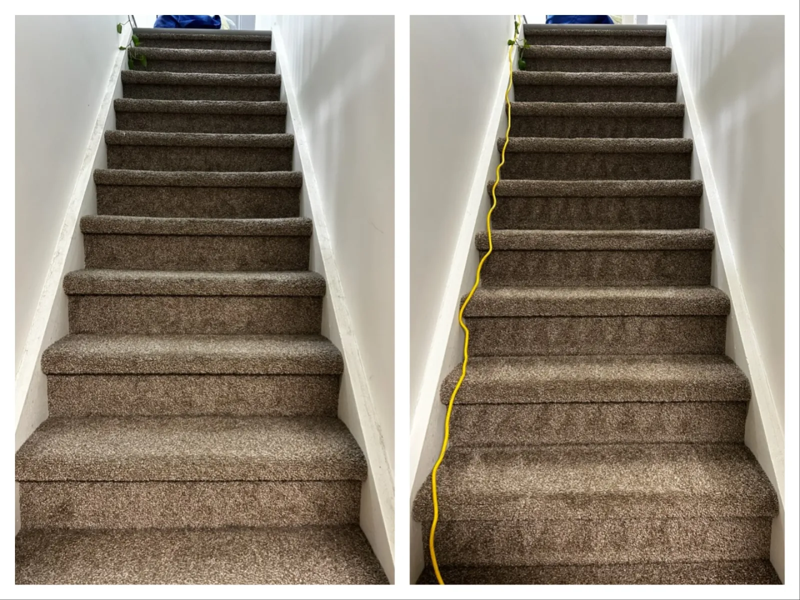 Side-by-side images of carpeted stairs, one plain and one with a yellow cable running along the left side.