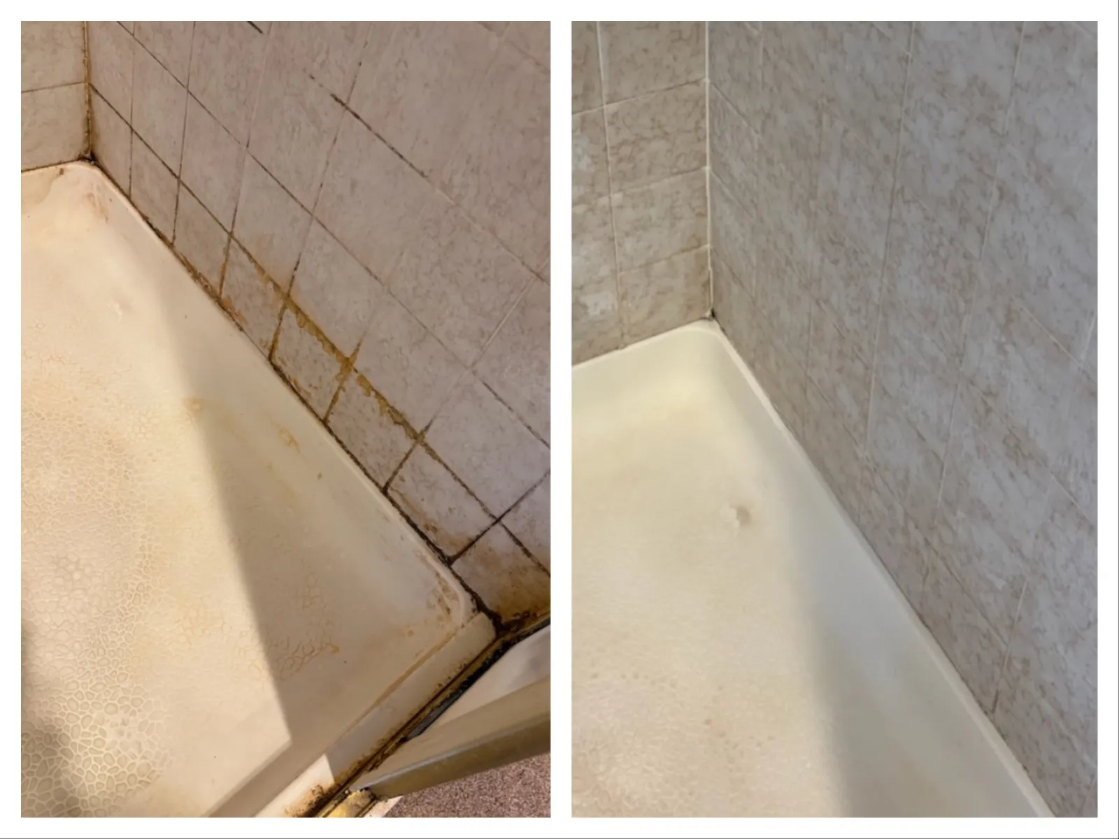 Before and after images showing a bathtub corner with heavy mold and grime cleaned to a spotless condition by MaidPro Denver
