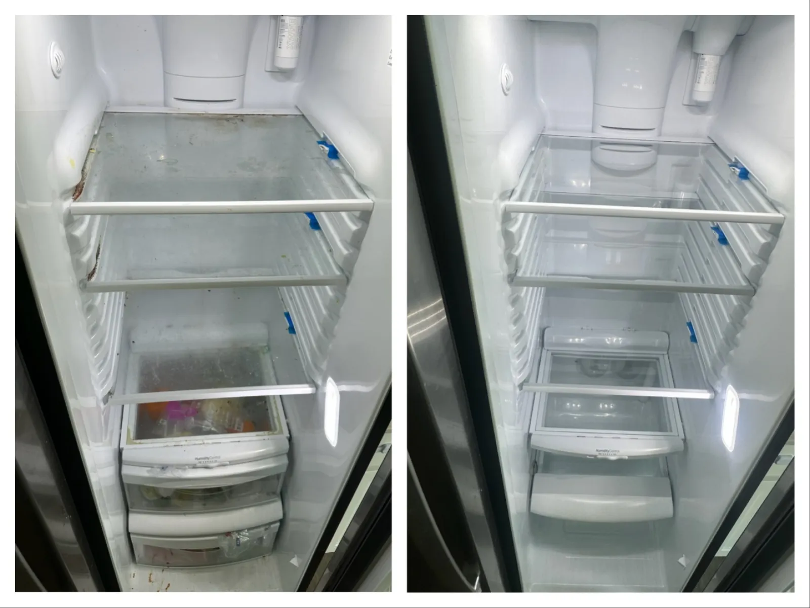 Side-by-side comparison of a dirty fridge interior before and a clean fridge interior after cleaning from MaidPro