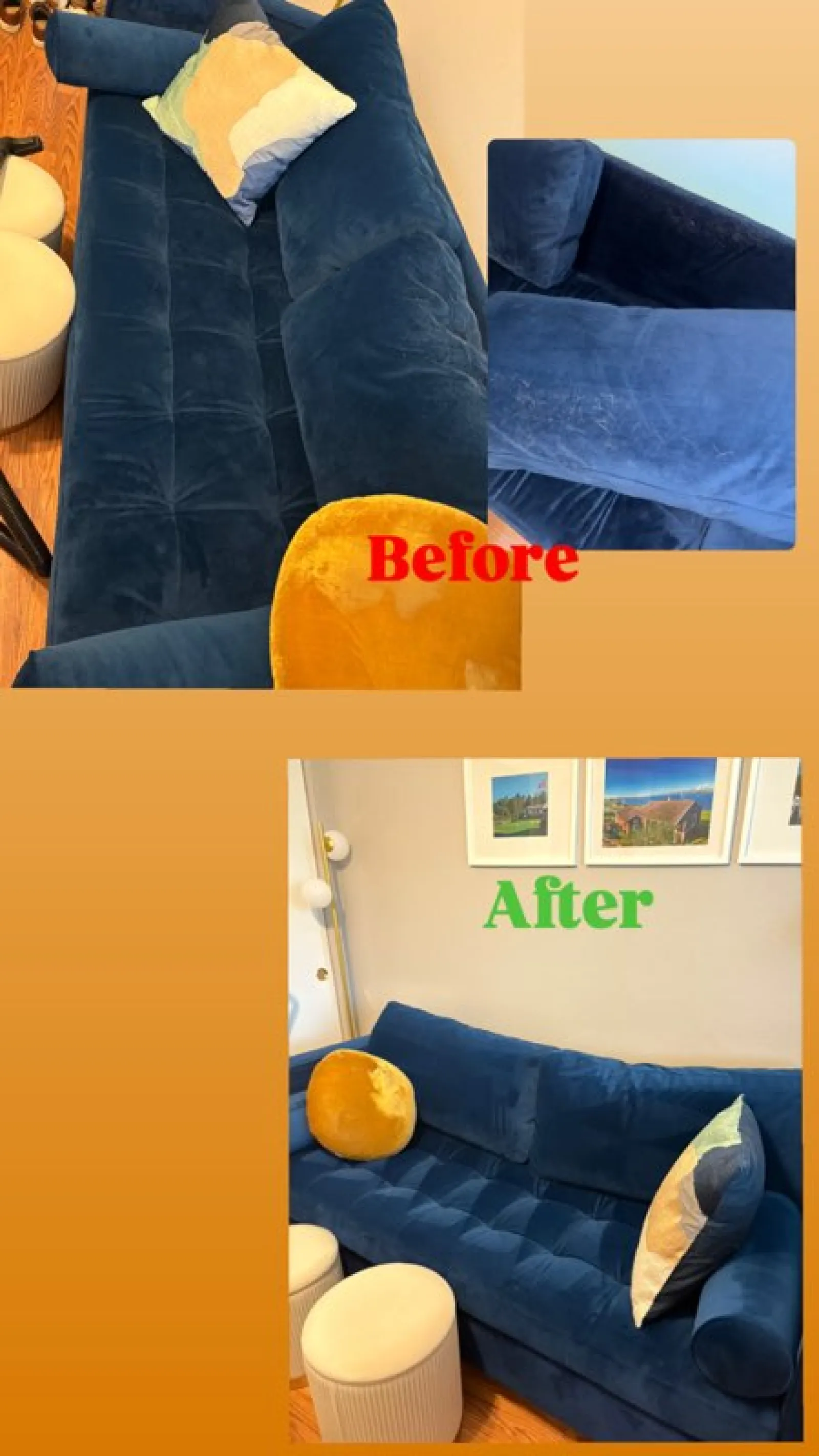 Before and after images showing cleaning and restoration of a deep blue velvet sofa with colorful cushions.