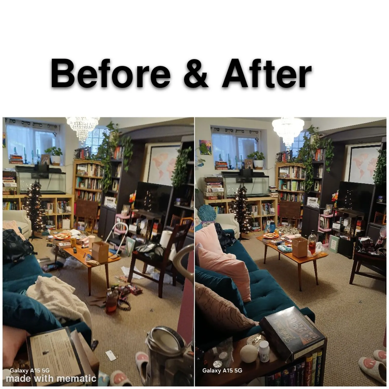 a collage of a person sitting in a living room