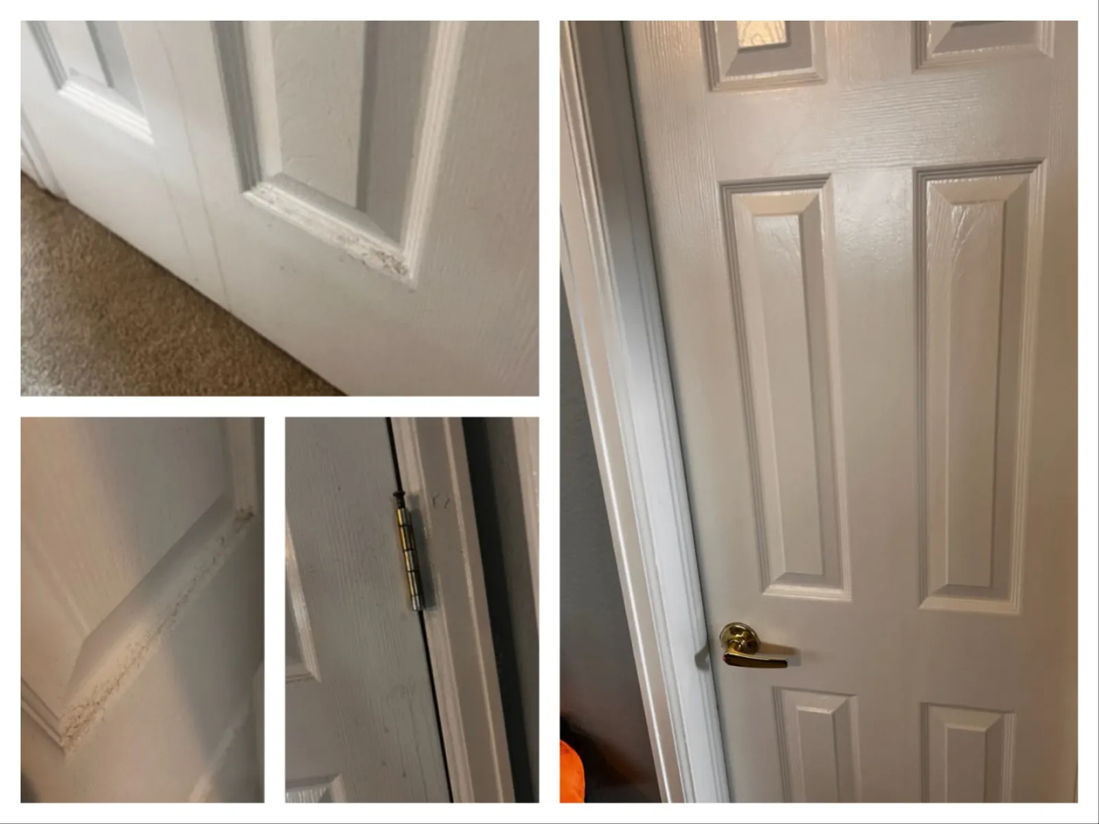Collage showing a white interior door with scuffed edges, door hinge, and a polished brass handle.