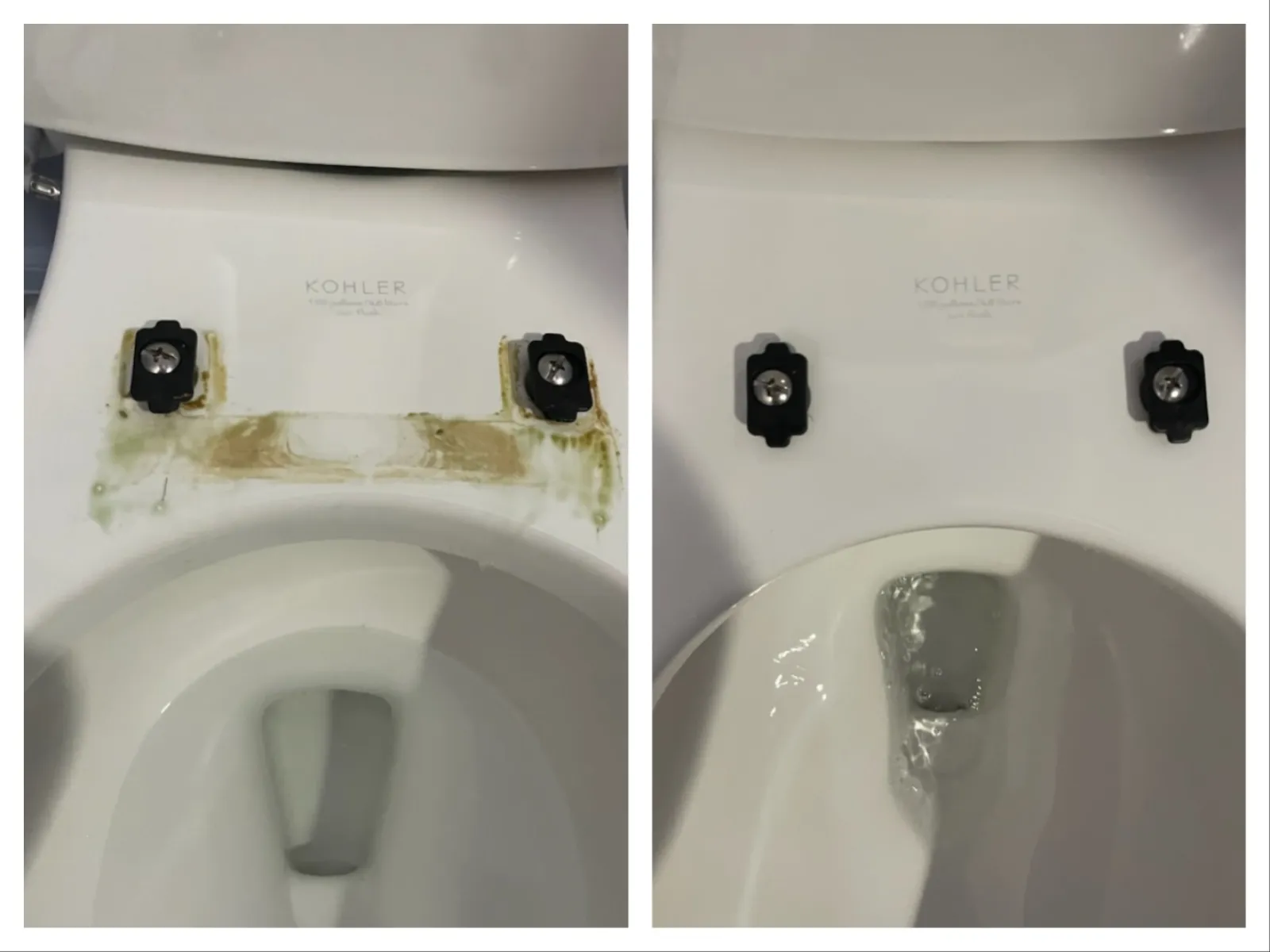 Side-by-side comparison of a toilet with dirty and clean areas around bolt mounts showing cleaning effect.