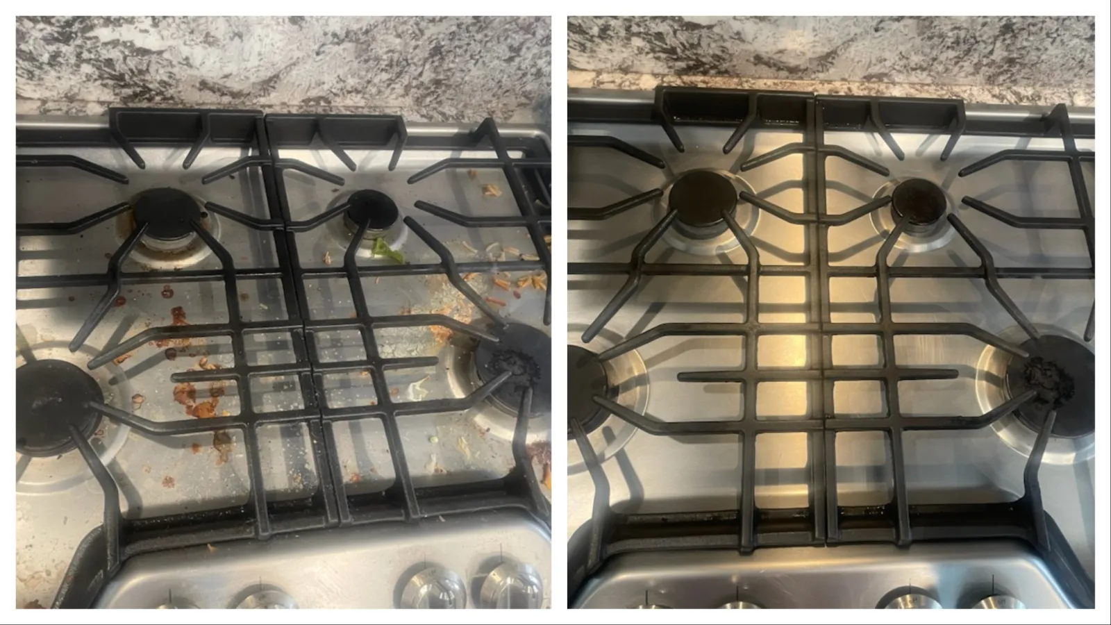 Before and after cleaning of a stove grates with professional cleaning done by MaidPro