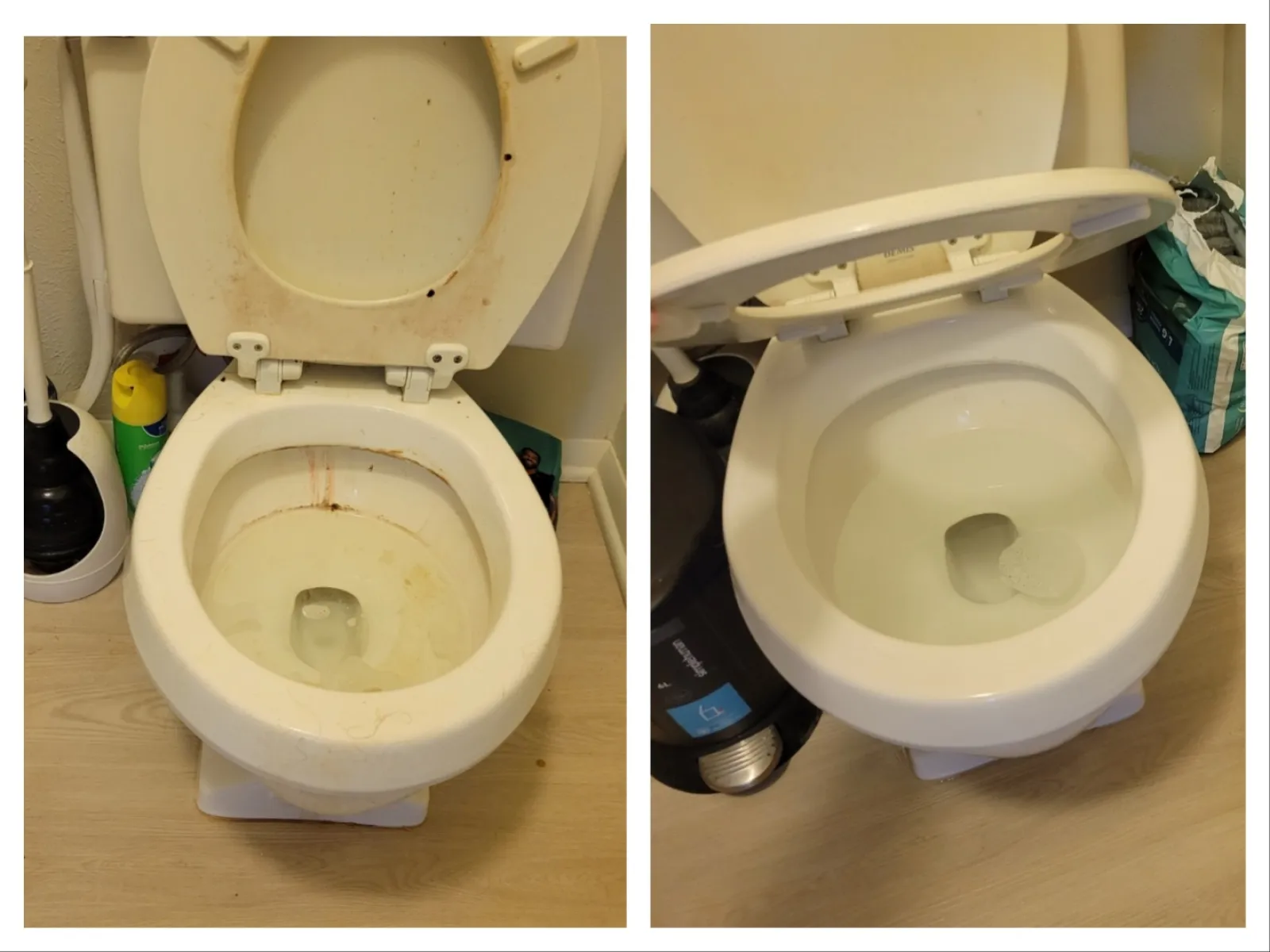 Side-by-side comparison of a dirty toilet bowl and the same toilet thoroughly cleaned and spotless.
