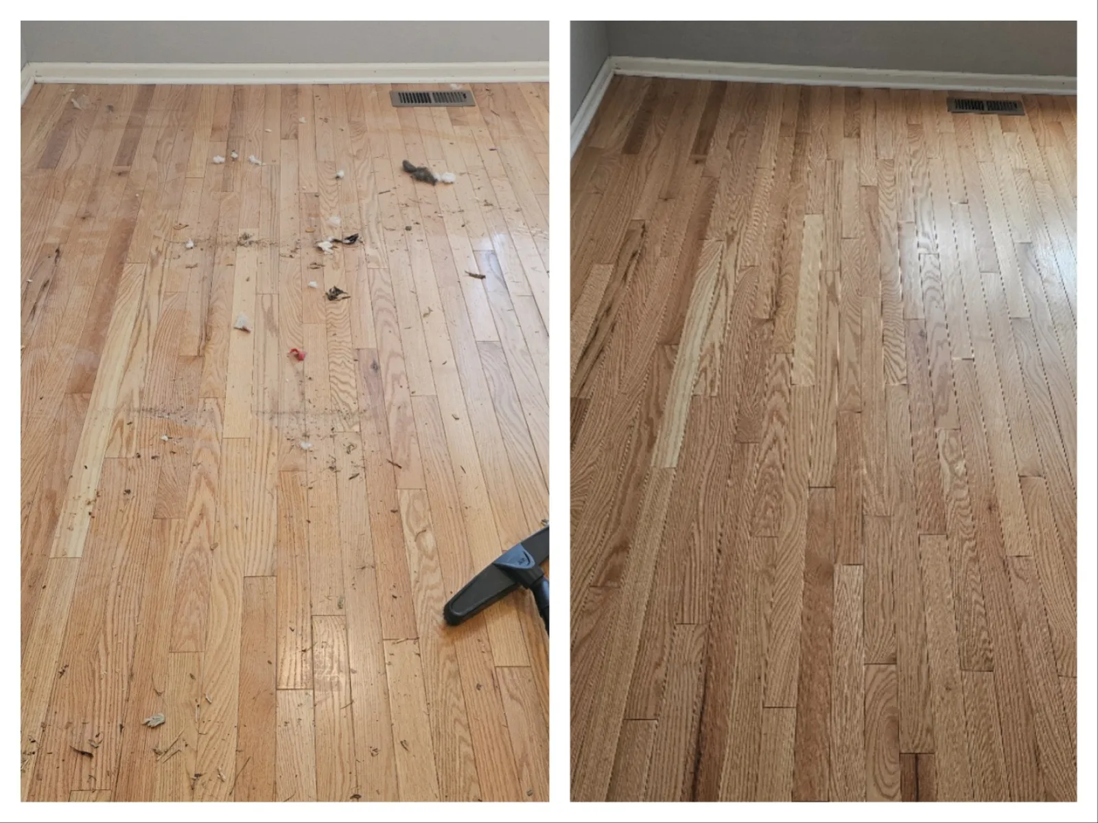 Side-by-side comparison of hardwood floor before and after cleaning, showing dusty and spotless surfaces.
