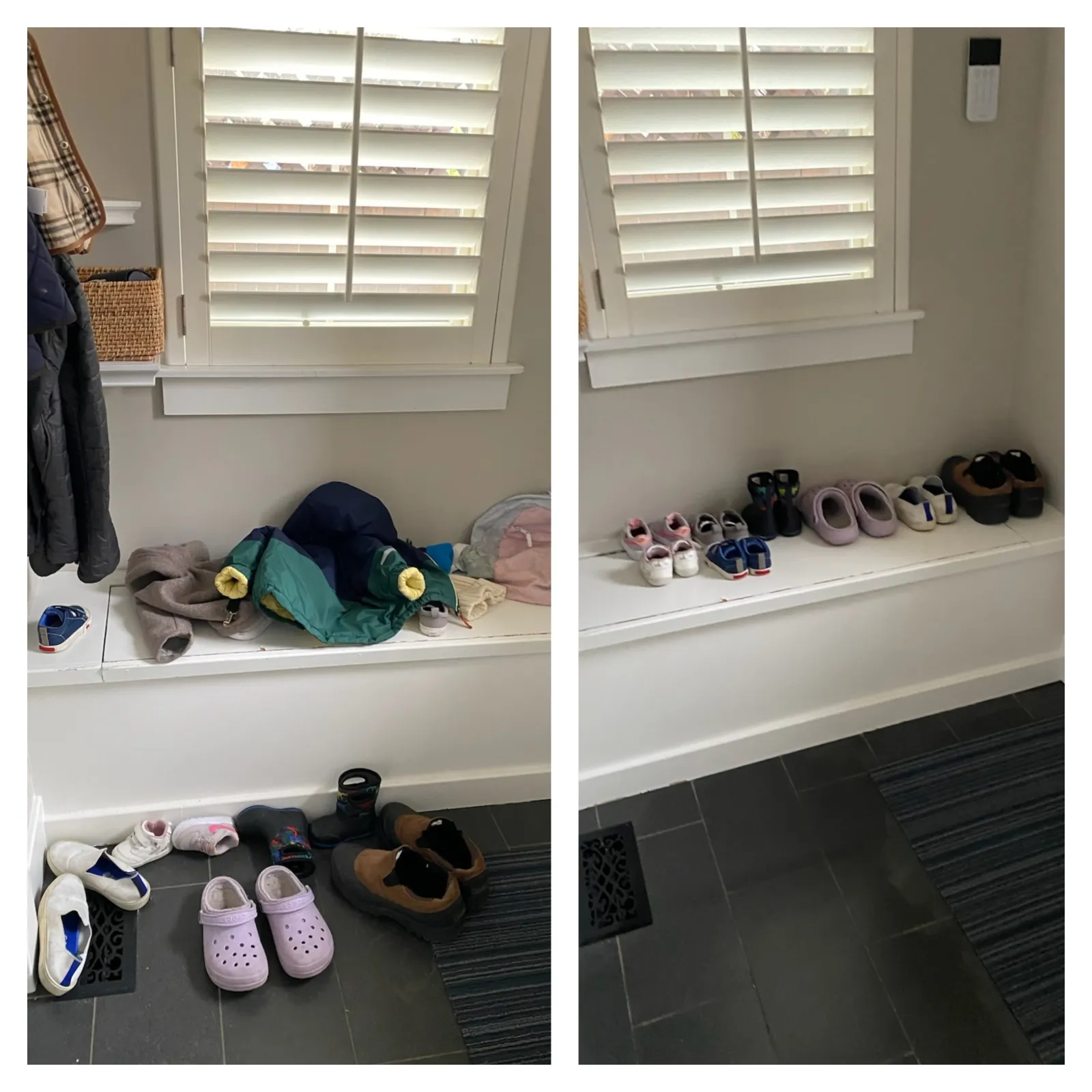 Before and after photos of a mudroom bench area cluttered with shoes and jackets, then neatly organized by MaidPro
