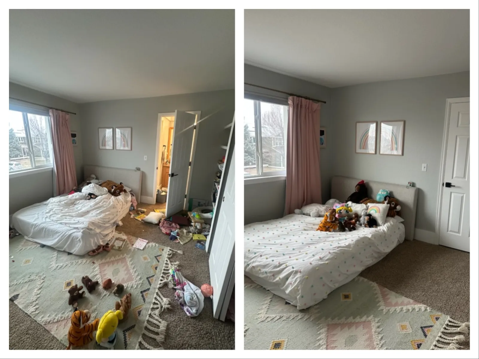 Before and after images of a child's bedroom showing a messy room cleaned and organized with toys on the bed.