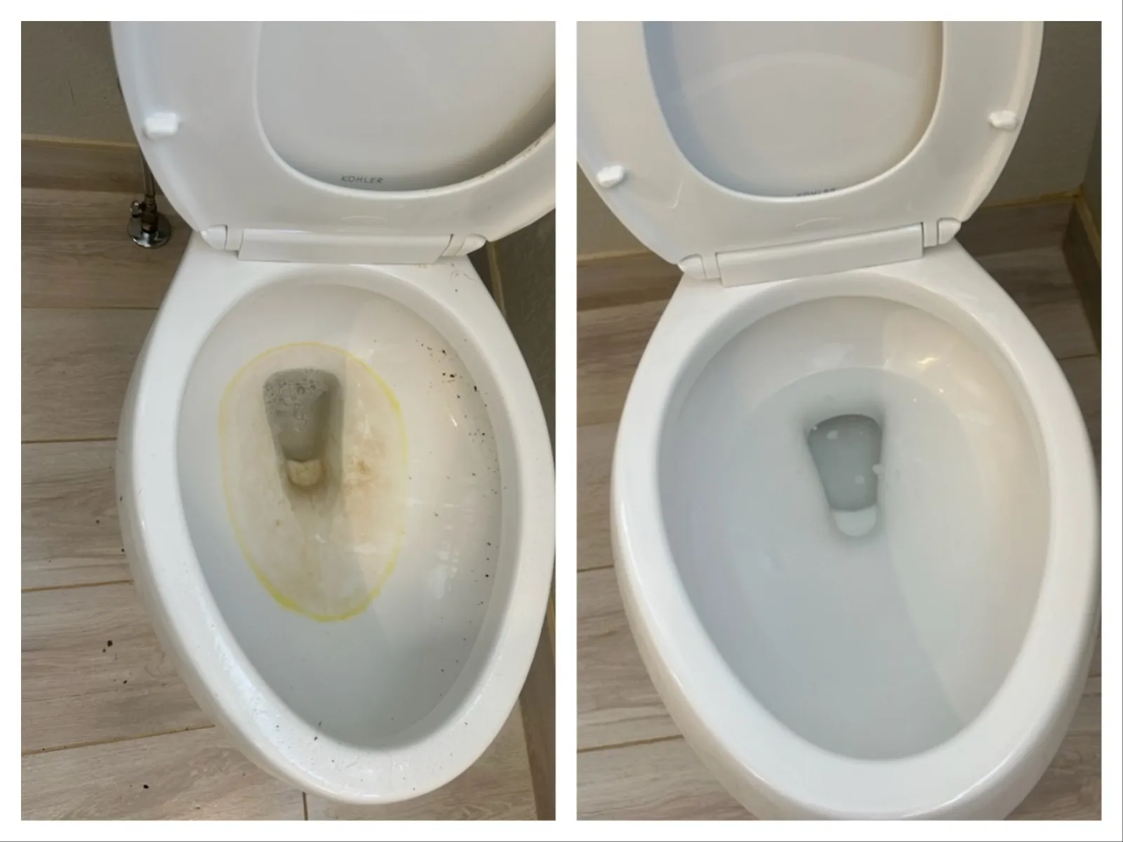 Side-by-side comparison of a toilet bowl before and after thorough cleaning, showing stained and clean surfaces.