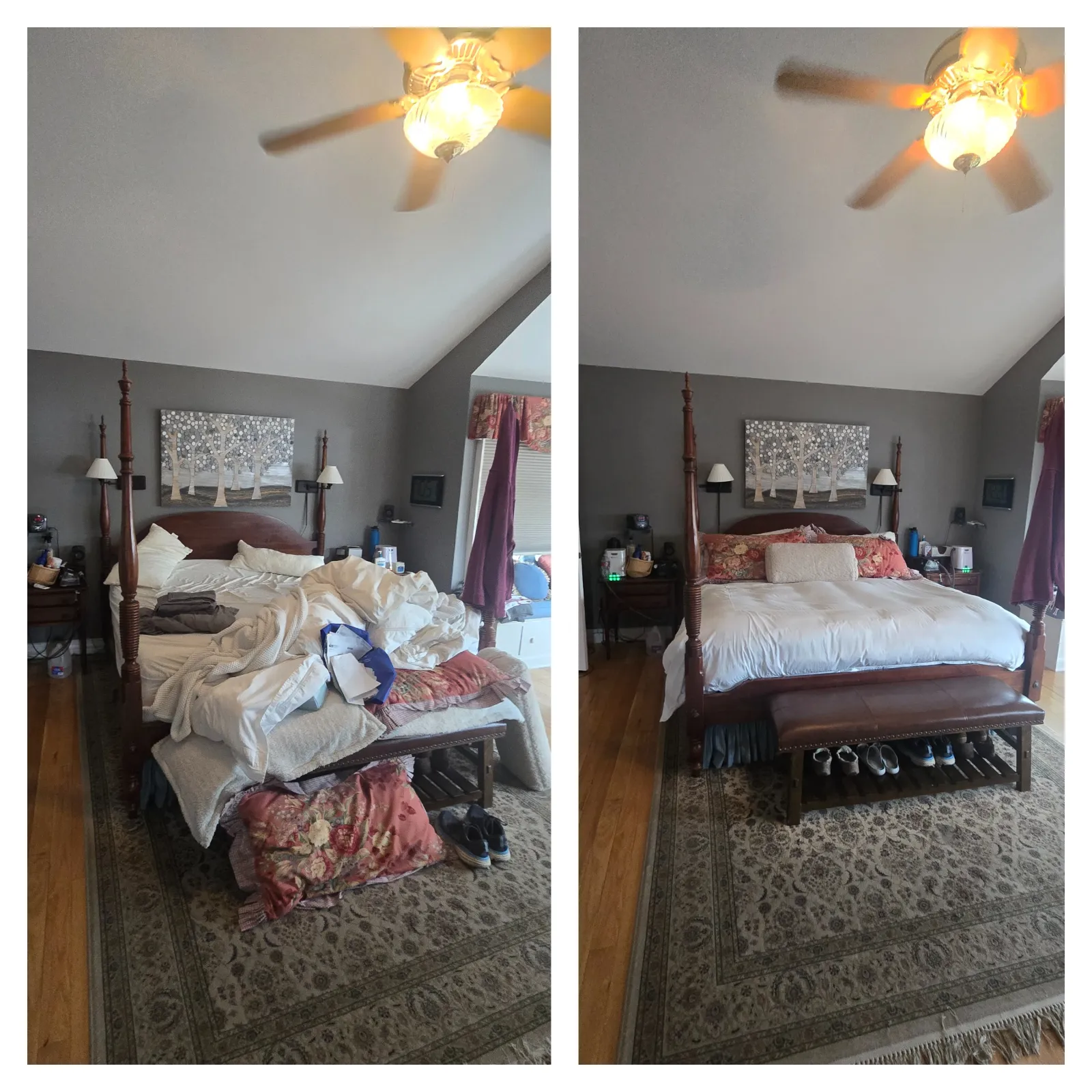 Side-by-side comparison of a messy and a neatly made bed from MaidPro Arvada, Colorado