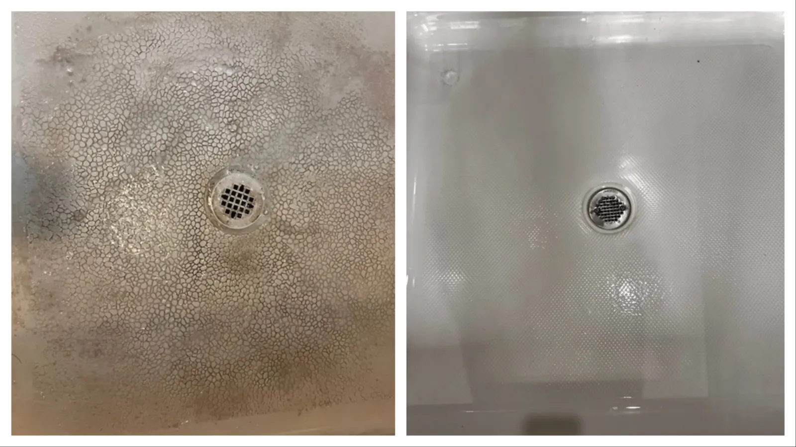 Before and after comparison of a cleaned shower floor showcasing significant cleaning done by professionals at MaidPro
