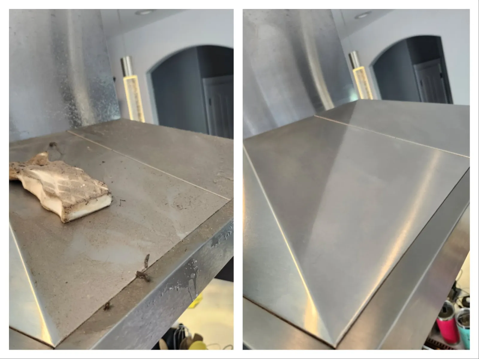 Side-by-side image showing a dusty metal surface before and a clean metal surface after cleaning.