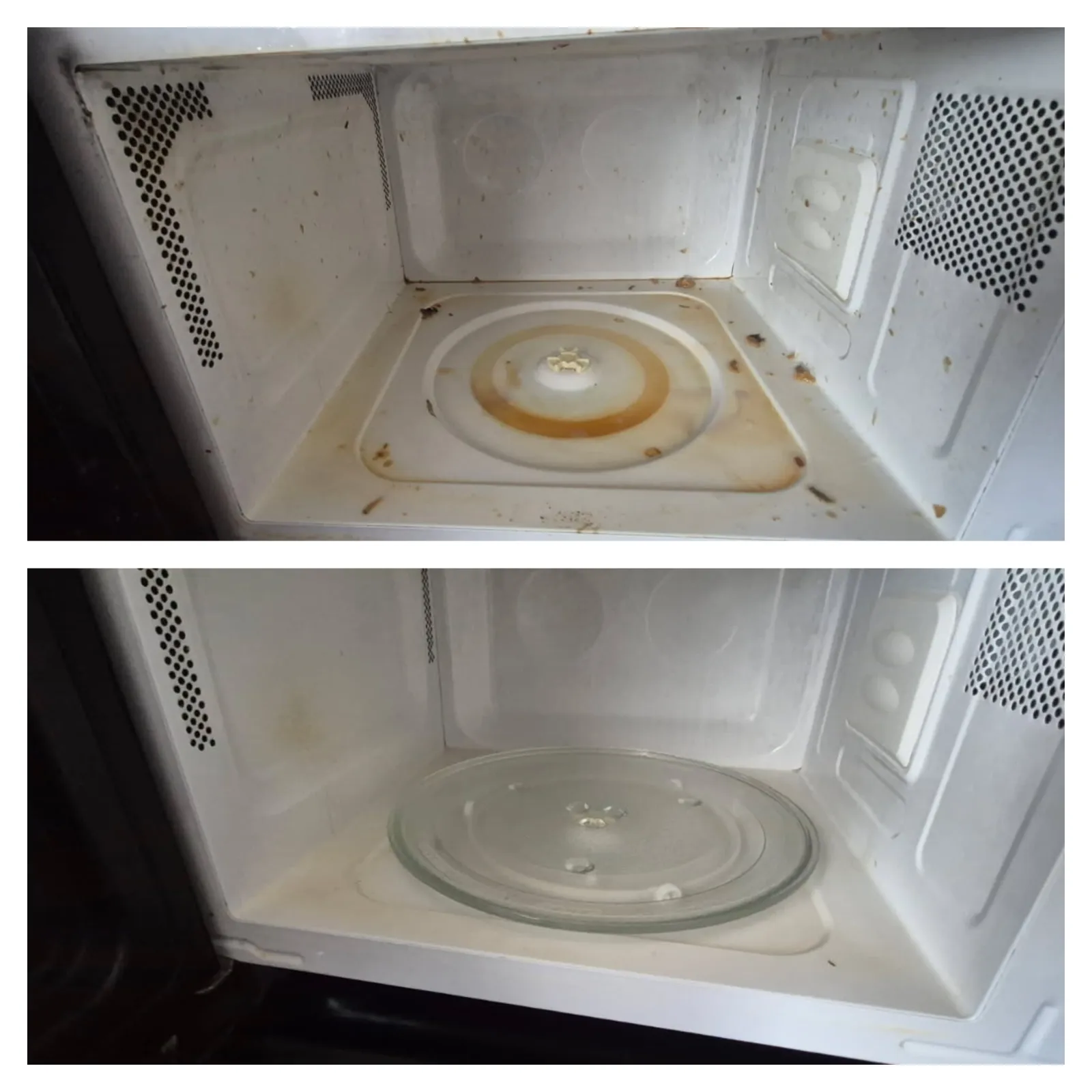 Before and after images of a microwave interior showing heavy stains cleaned to a spotless condition.